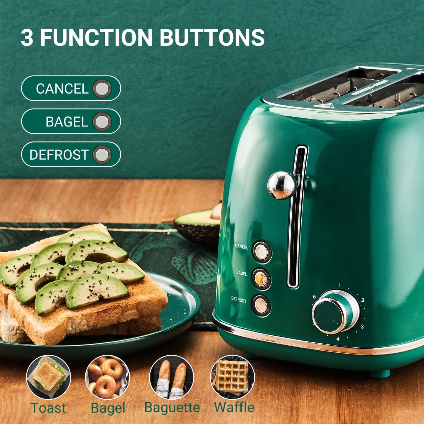 Retro Stainless Steel 2 Slice Toaster with Bagel, Cancel, Defrost, 6 Shade Setti6