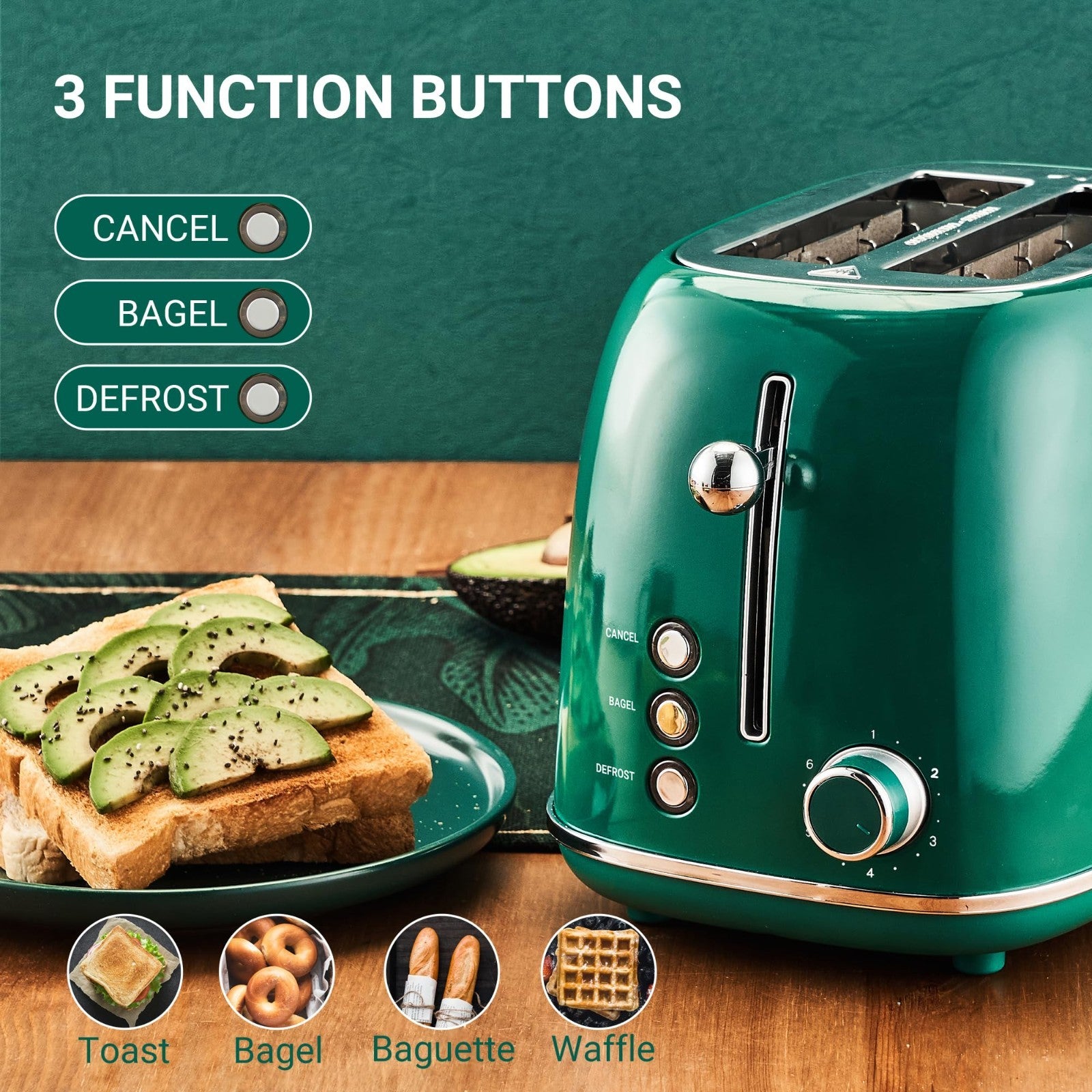 Retro Stainless Steel 2 Slice Toaster with Bagel, Cancel, Defrost, 6 Shade Setti6