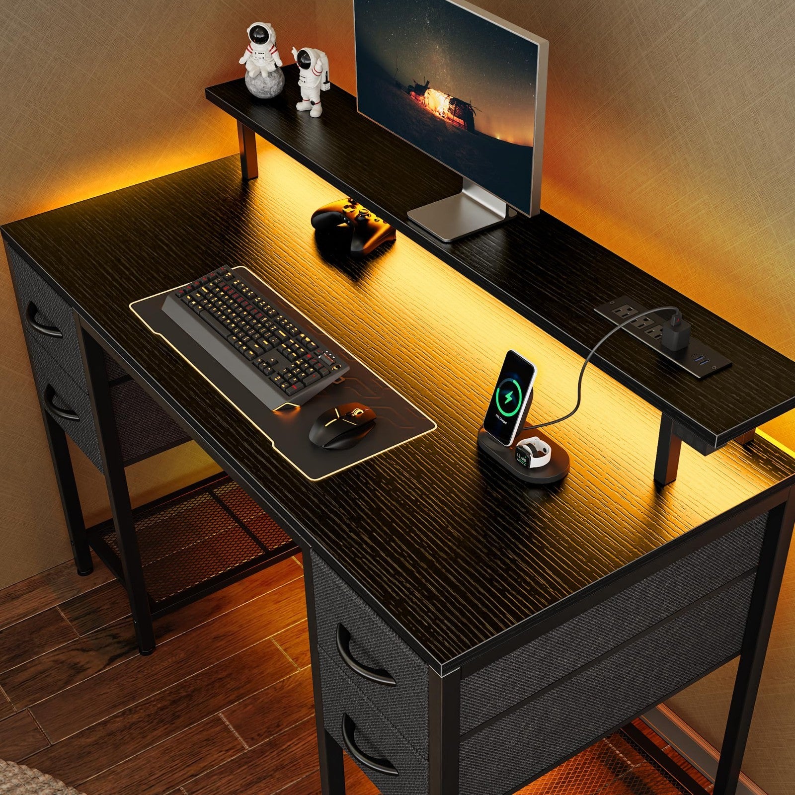 47" Gaming Desk with LED Lights, Power Outlets & 4 Drawers - Home Office Furnitu1
