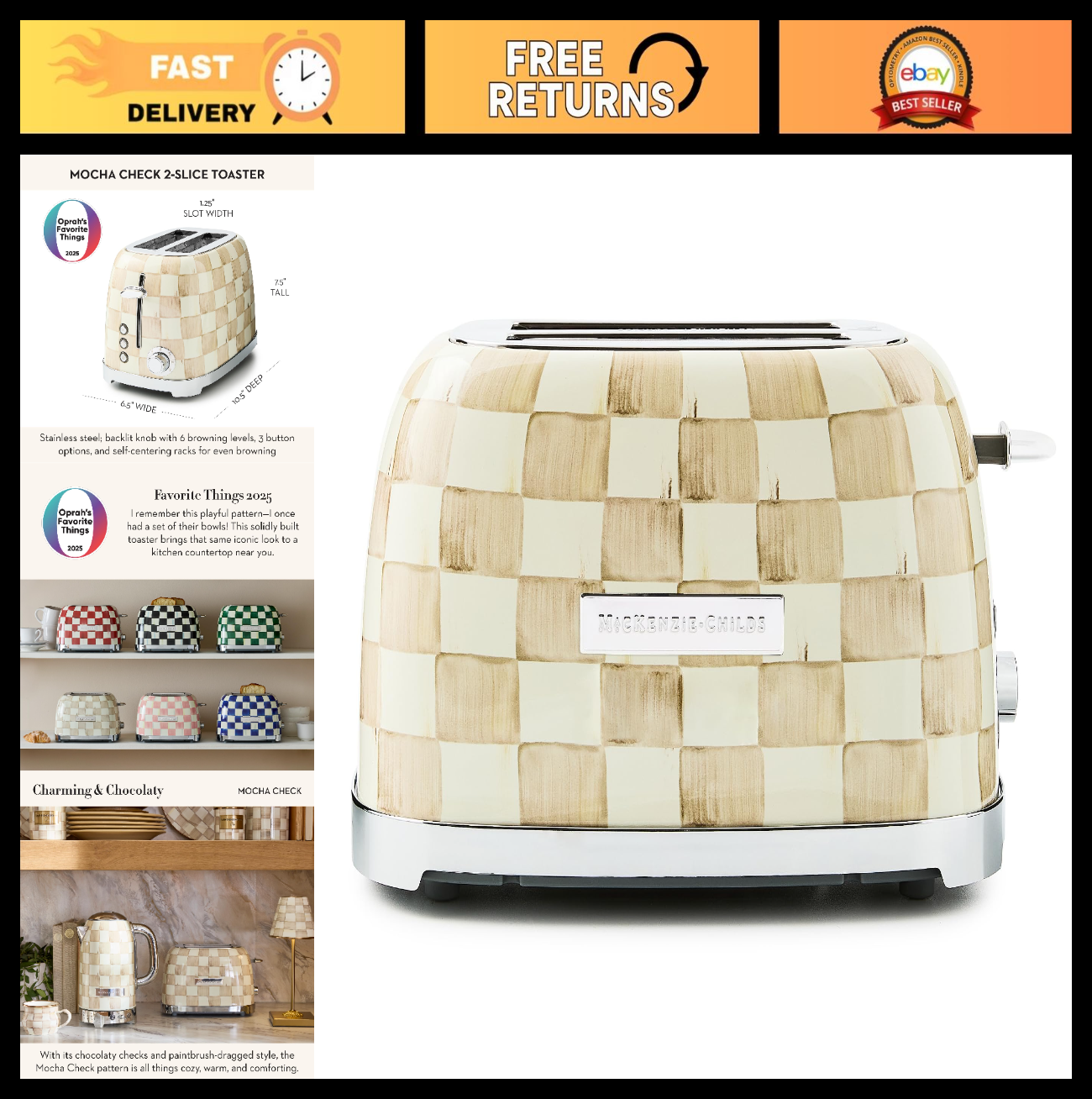 Decorative 2-Slice Toaster for Kitchen, Brown & White Mocha Check Design0