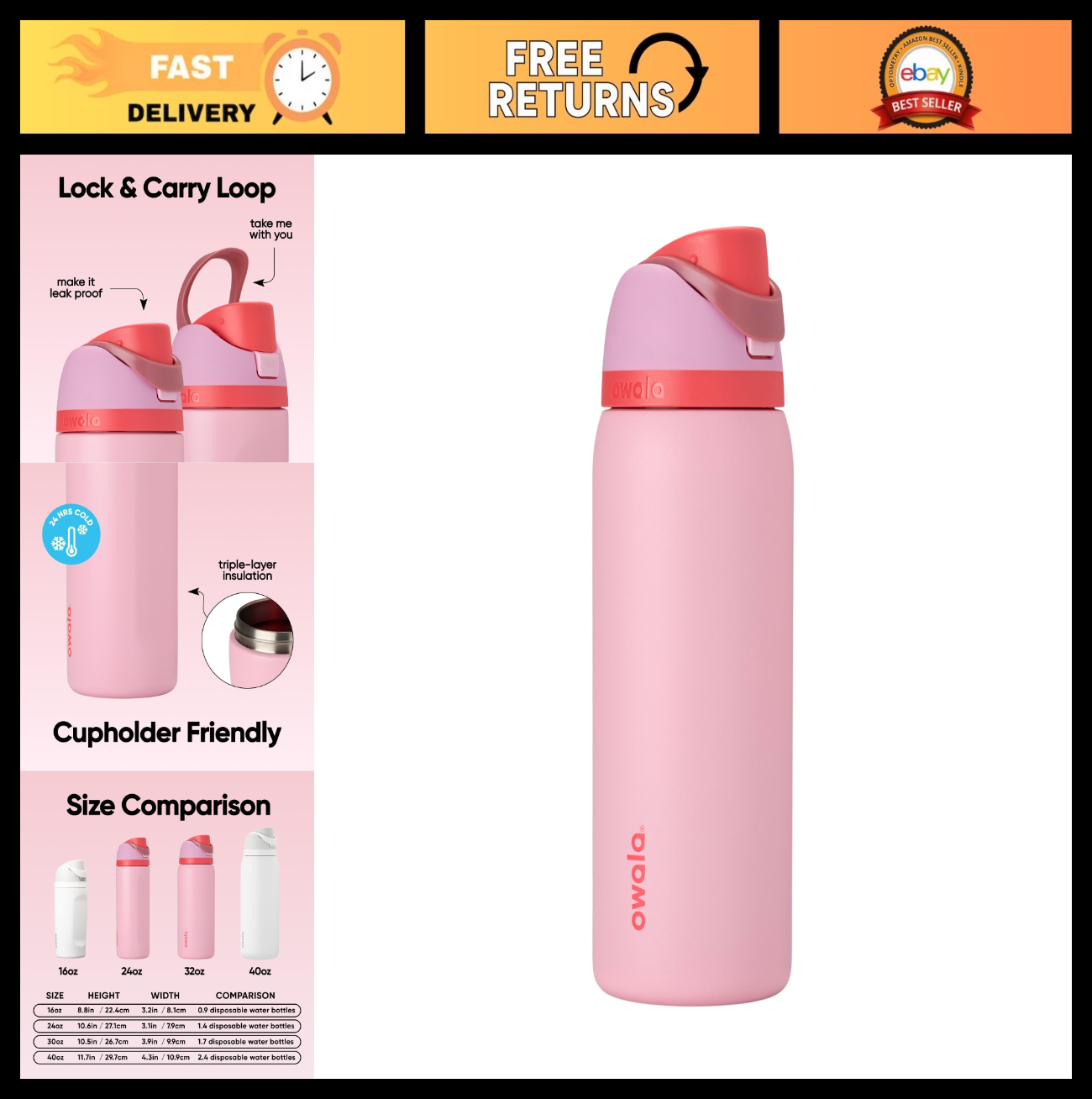 Insulated Stainless Steel Water Bottle 32oz with Straw   BPA Free, Pink for Spor0
