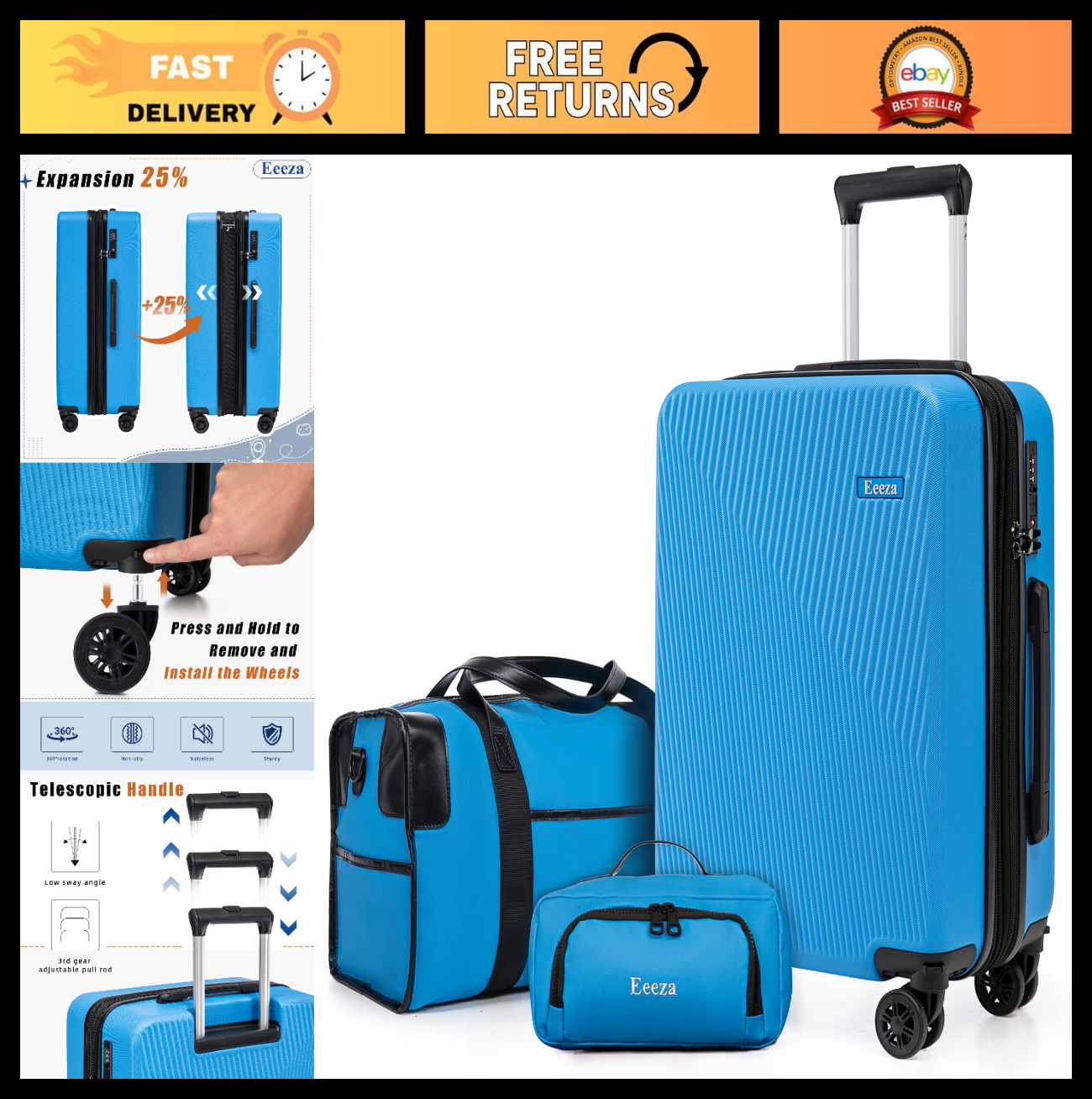 3-Piece Hardcase Carry-On Luggage Set - 20" Blue, Scratch Resistant, Ergonomic H0