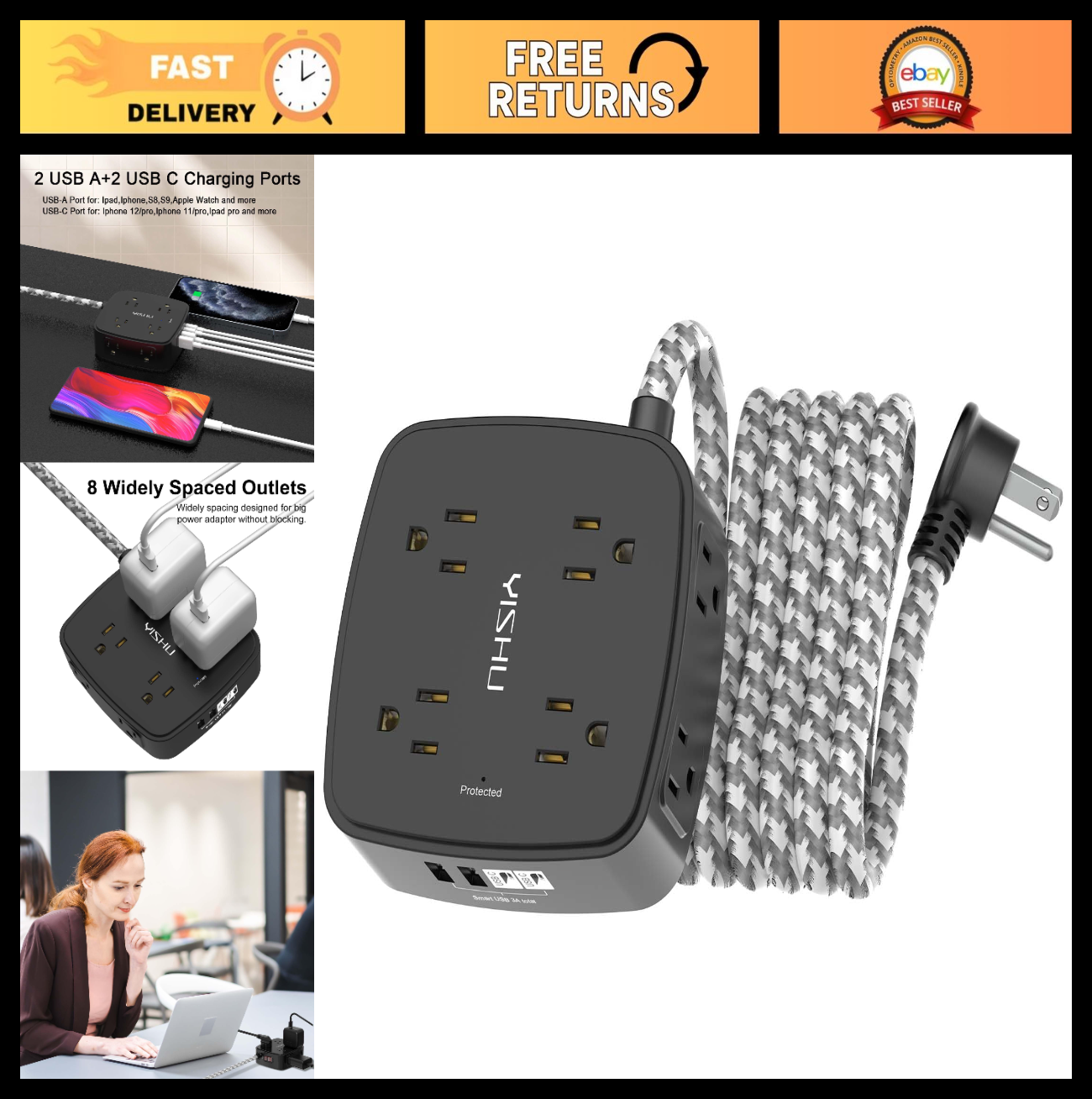 8 Outlet Surge Protector Power Strip with 4 USB Ports, 10FT Braided Cord, Flat P0