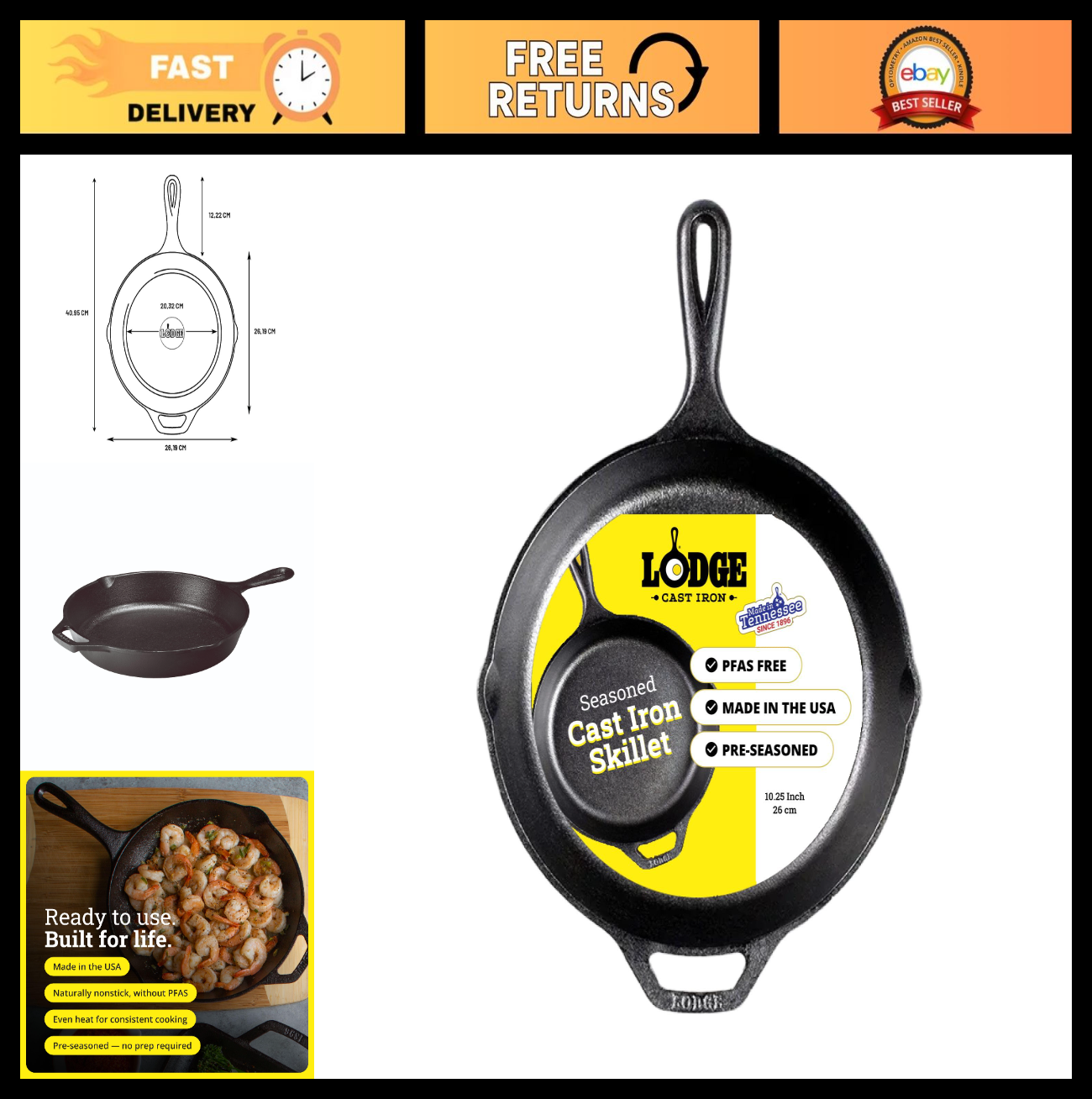 10.25" Seasoned Cast Iron Skillet - PFAS-Free Non-Toxic Cookware, Oven & Grill S0