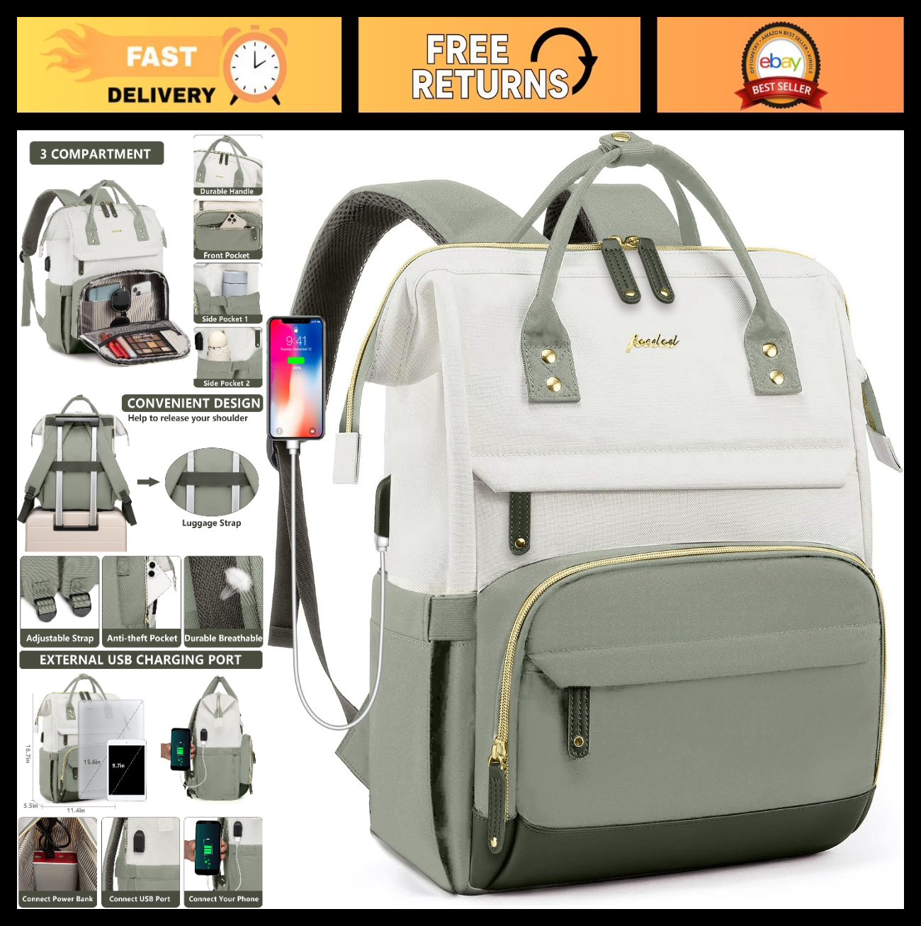 15.6" Laptop Backpack for Women, USB Charging, Large Travel Work Bag, Casual Day0