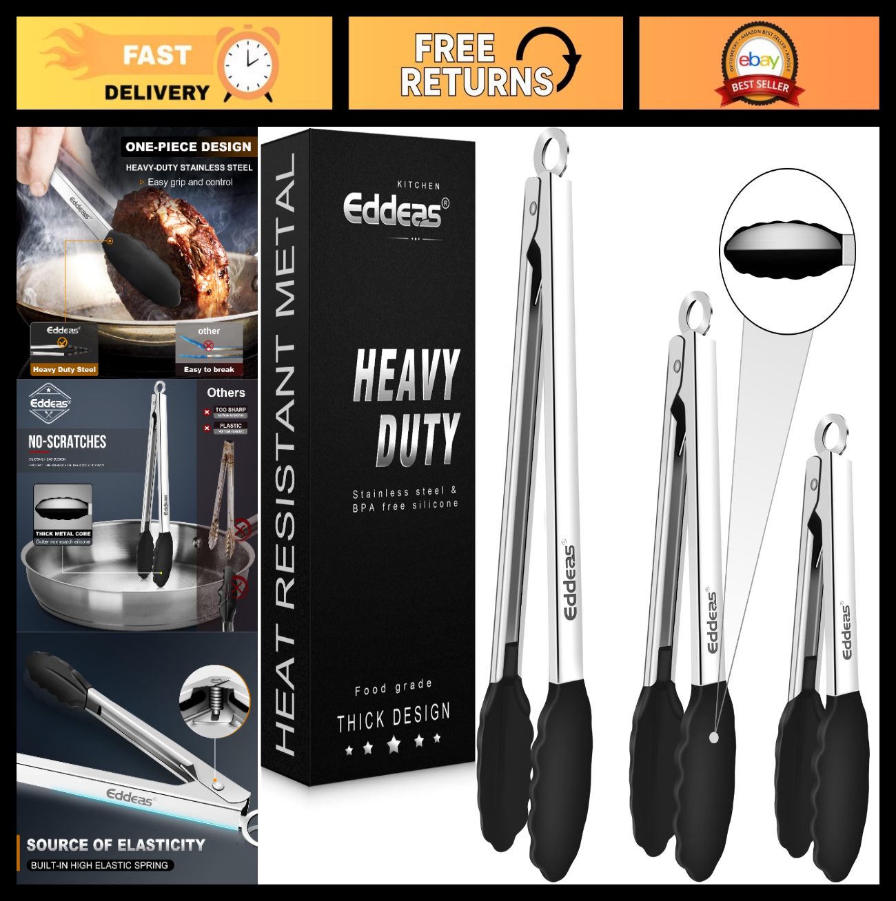 Heat Resistant Kitchen Tongs Set   Silicone Tips, Locking, Stainless Steel, 3 Si0