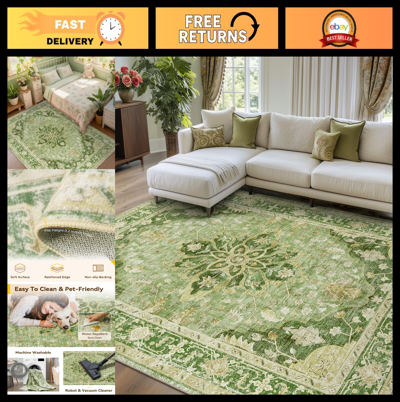 Washable 8'x10' Area Rug   Green/Yellow, Non Slip, Pet Friendly, Vintage Floral0