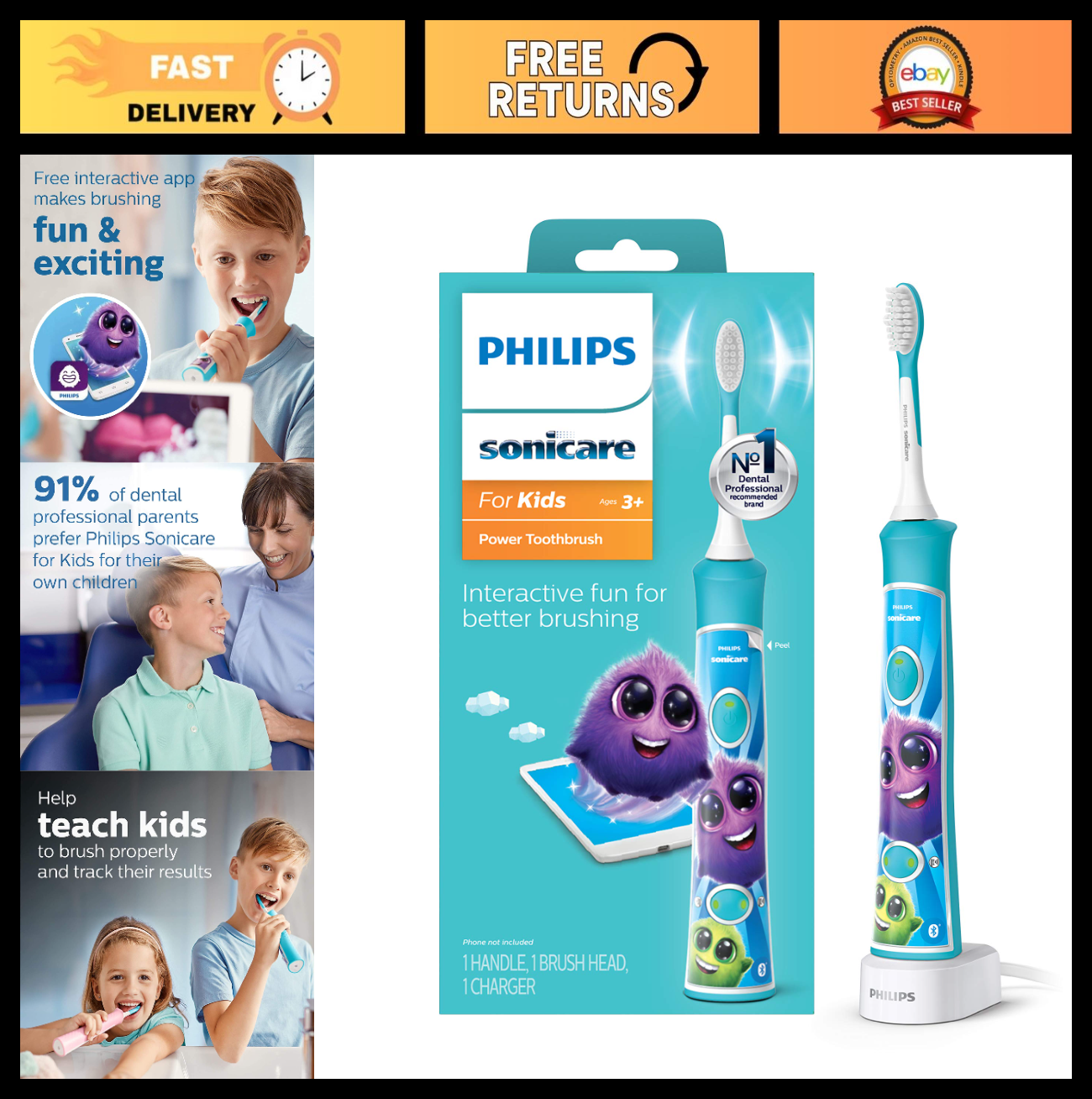 Bluetooth Electric Toothbrush for Kids 3+ | Rechargeable, Interactive, 2 Min Tim0