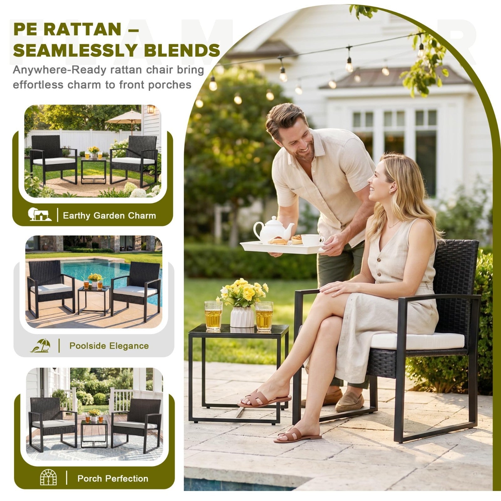 3 Piece Outdoor Wicker Patio Furniture Set | Modern Rattan Bistro Chairs & Table4