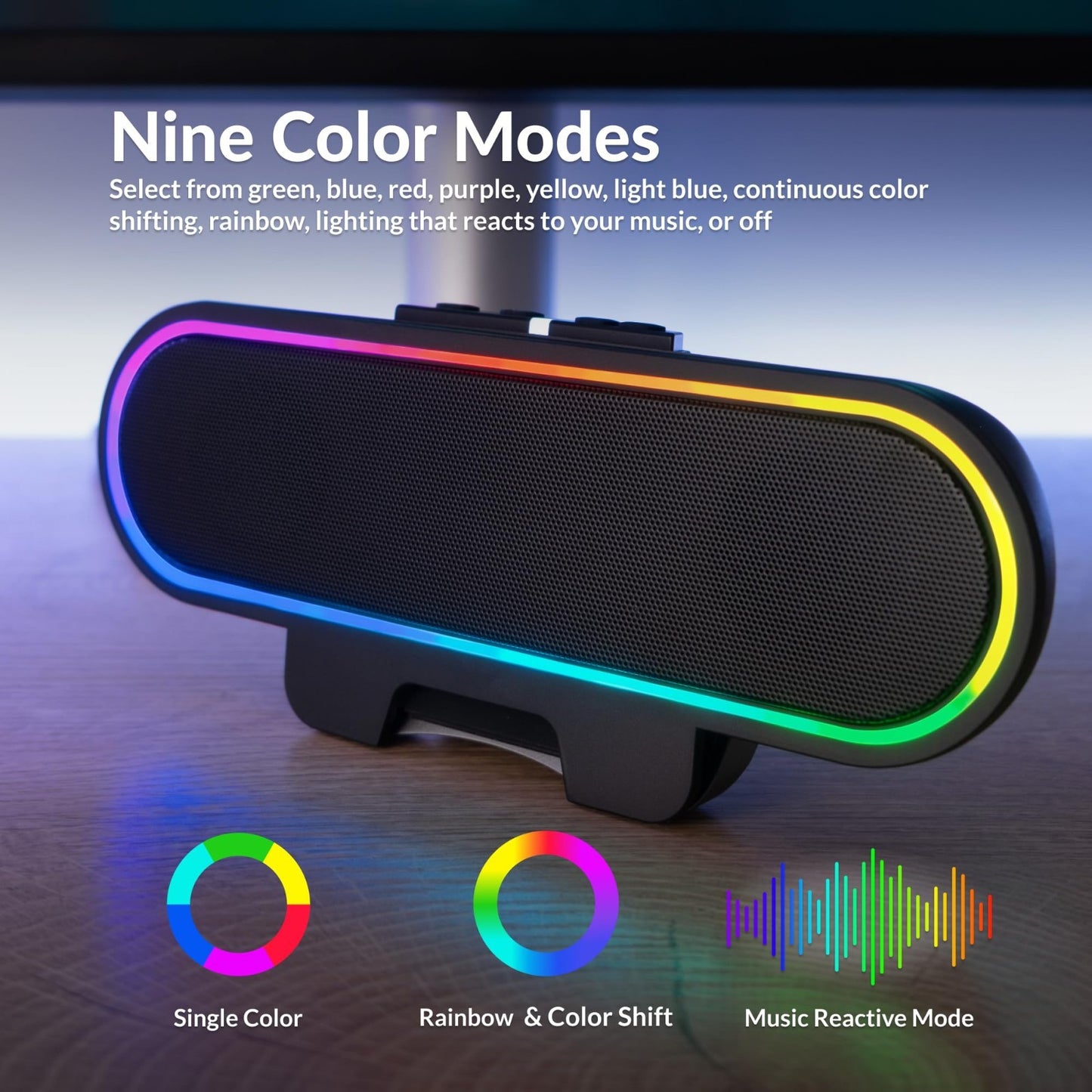 USB Powered Speaker Bar with LED Lights for PC & Mac, Clamps to Monitors, Music4