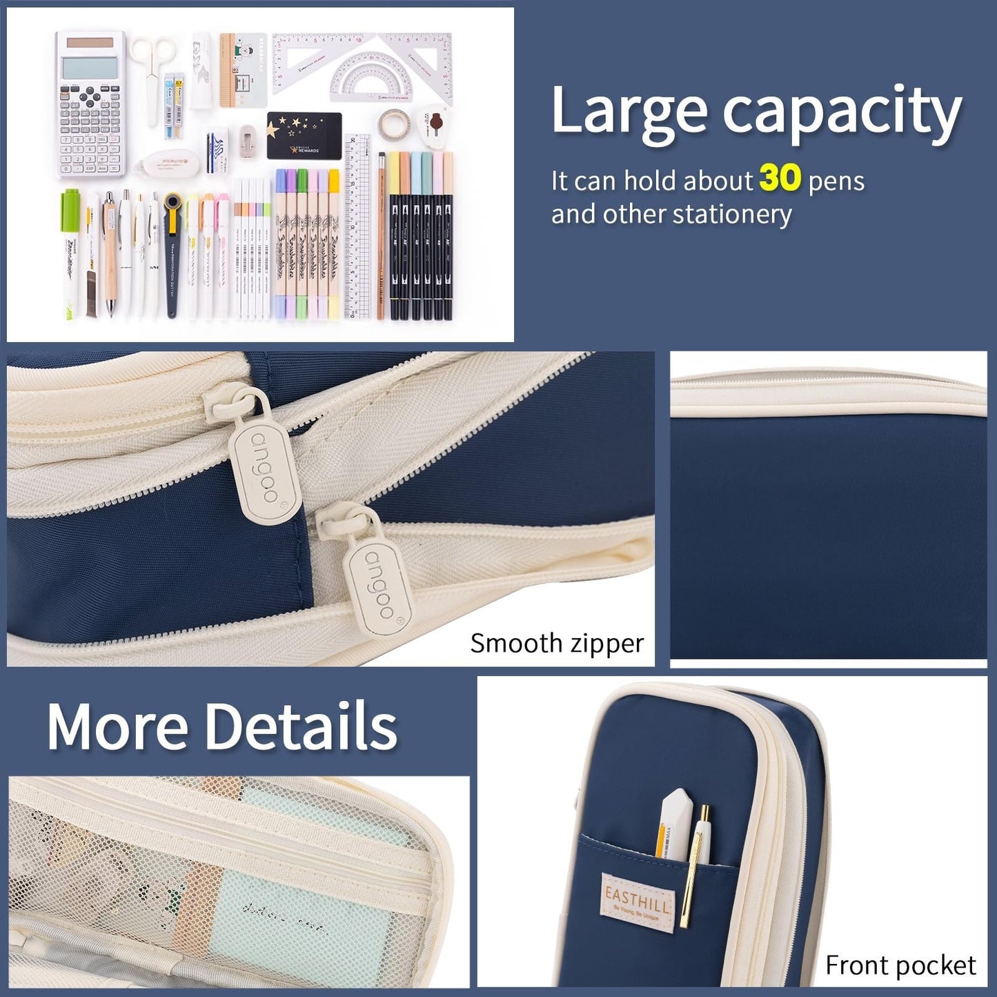 Large Capacity Pencil Case, Big Pencil Pouch, Stationery Bag for Teens   Navy4