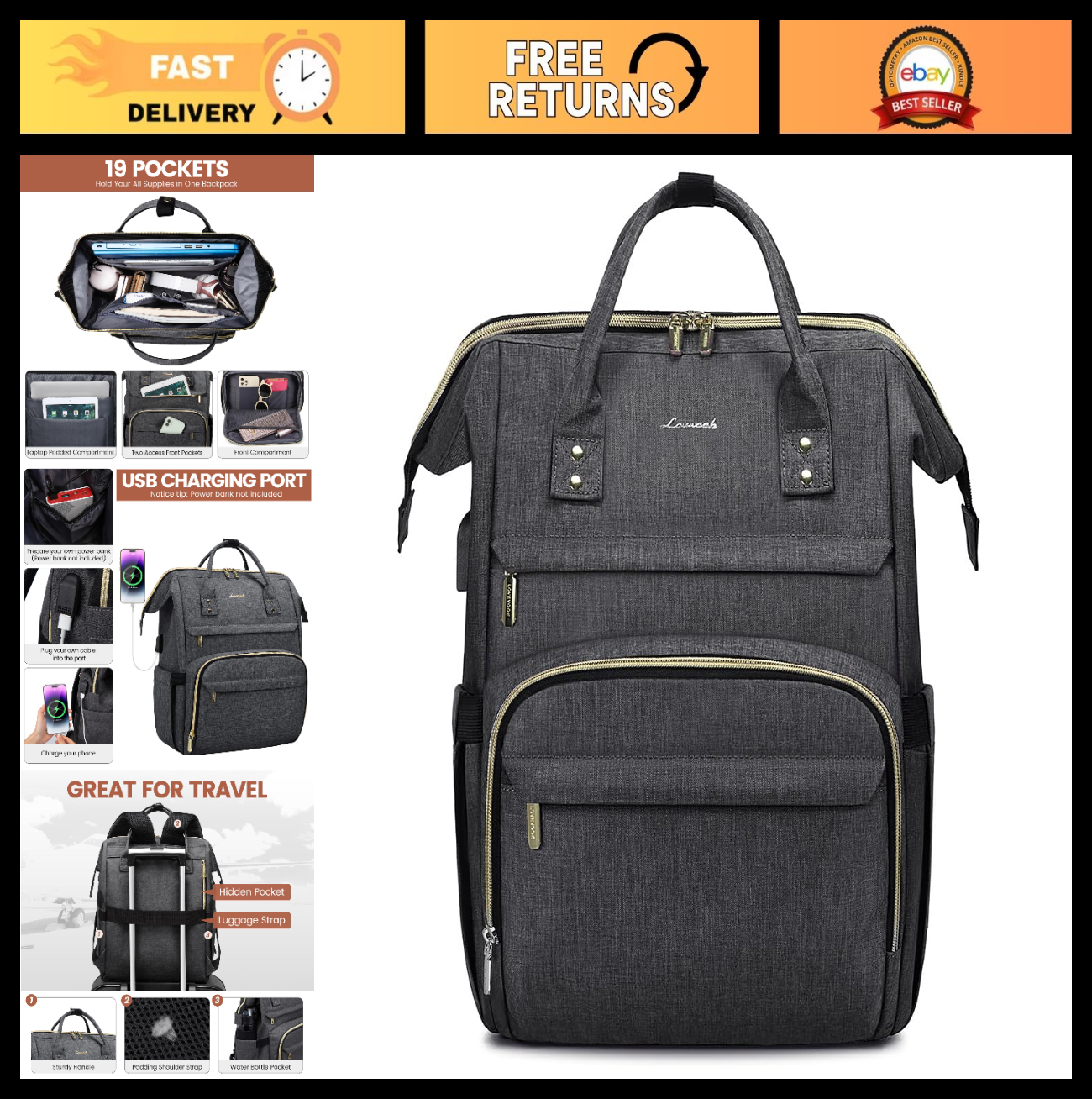 Stylish 15.6" Laptop Backpack for Women, Waterproof Travel Bag with USB Port, Da0