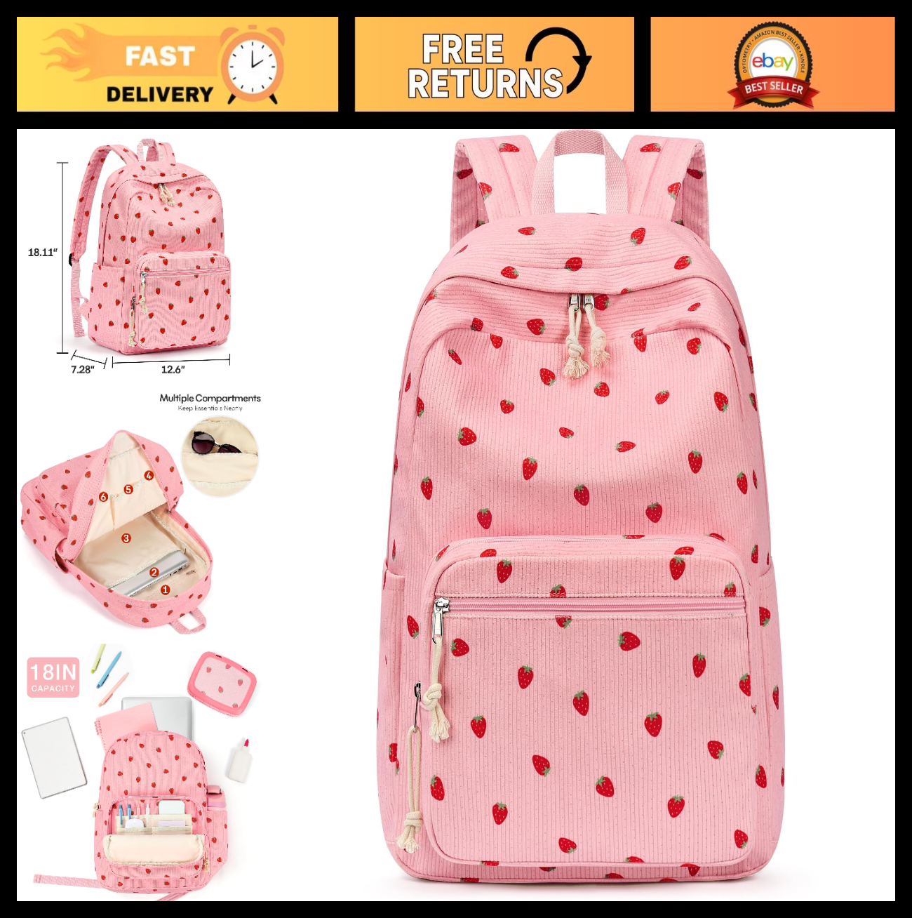 Stylish Preppy Corduroy Kids Backpack, School Bookbag for Girls, Cute & Durable0