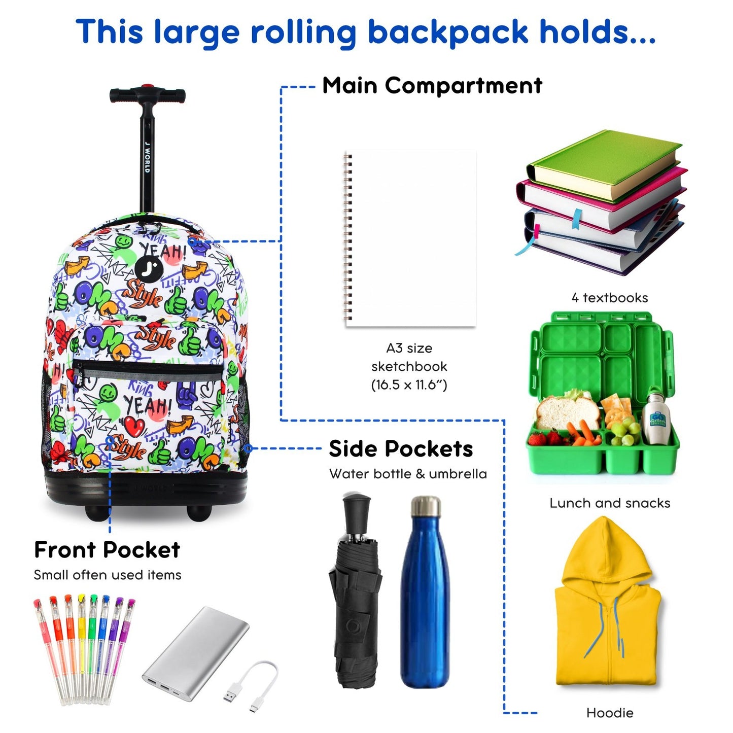 Kids Rolling Backpack with Wheels, 18" School Bookbag for Boys & Girls, Street A4