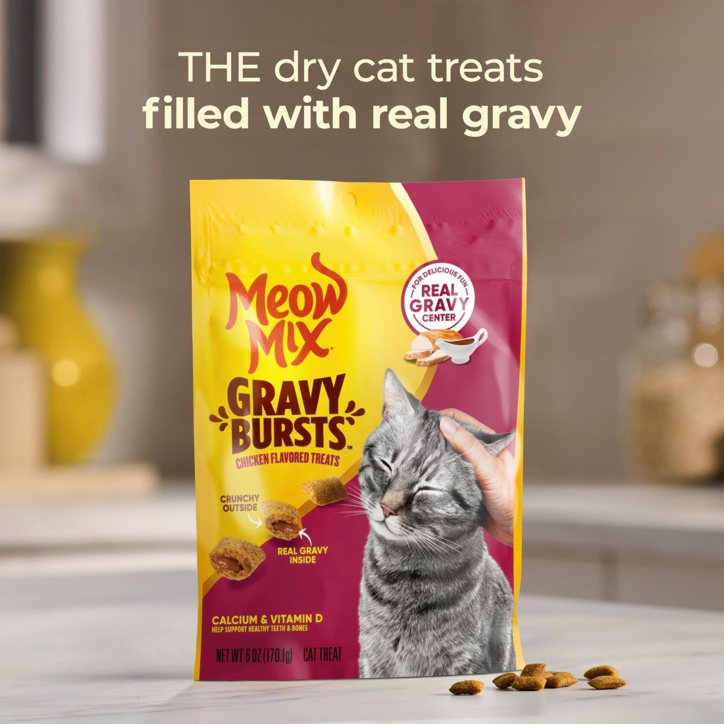 Chicken Flavored Cat Treats with Gravy Bursts, 6.3 Oz Bags   Pack of 5, Tasty Sn5