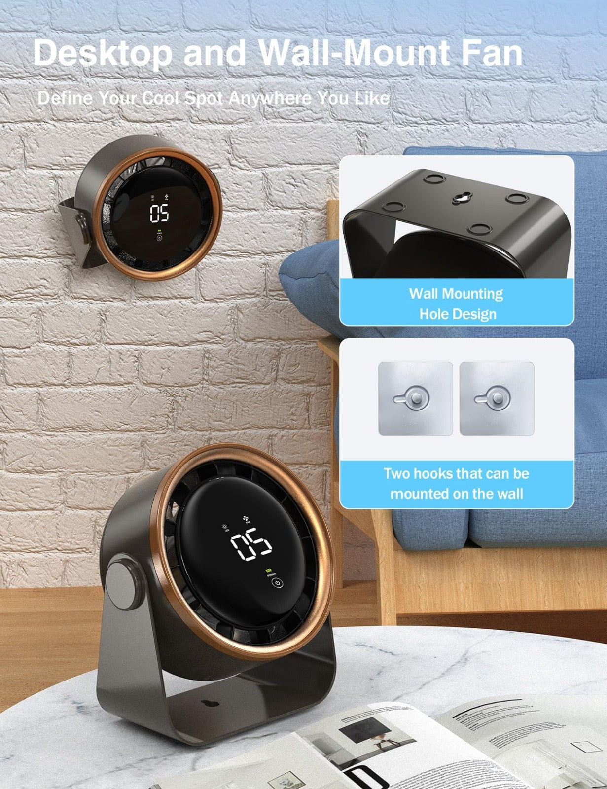 Ultra Quiet Small Desk Fan, Touch Control, Multi Speed Air Circulator, USB Recha3