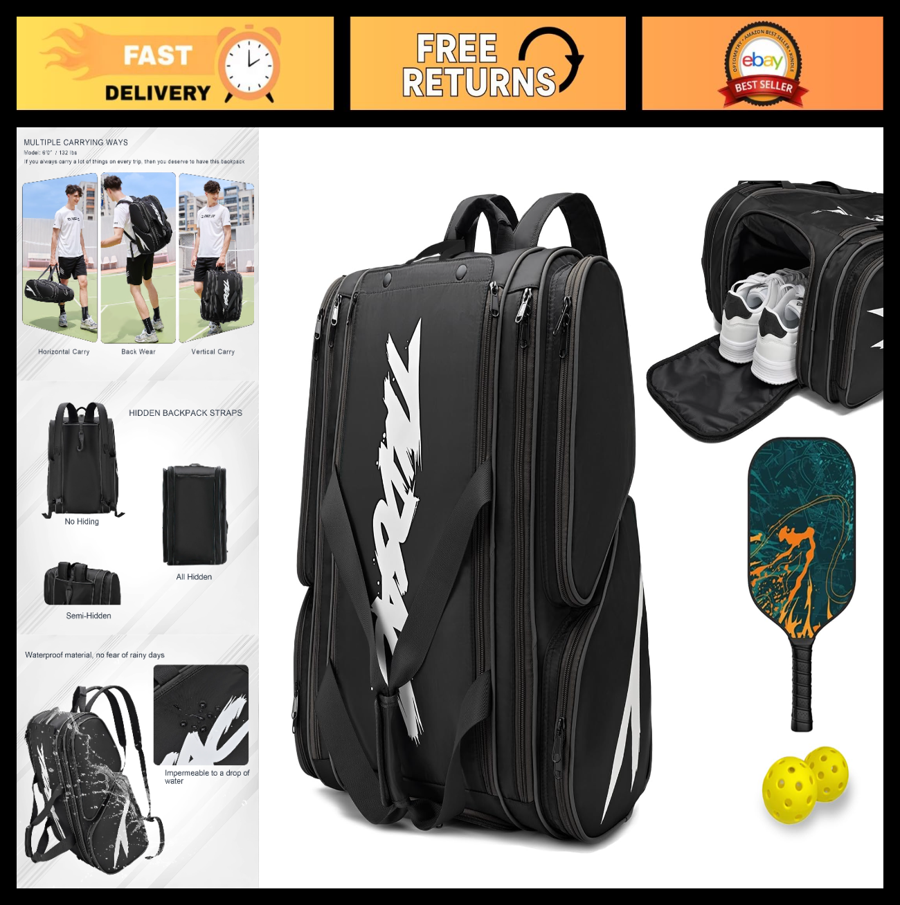 Optimized eBay Title:  "Large Pickleball Paddle Bag for 4 Paddles - Extra Pocke0