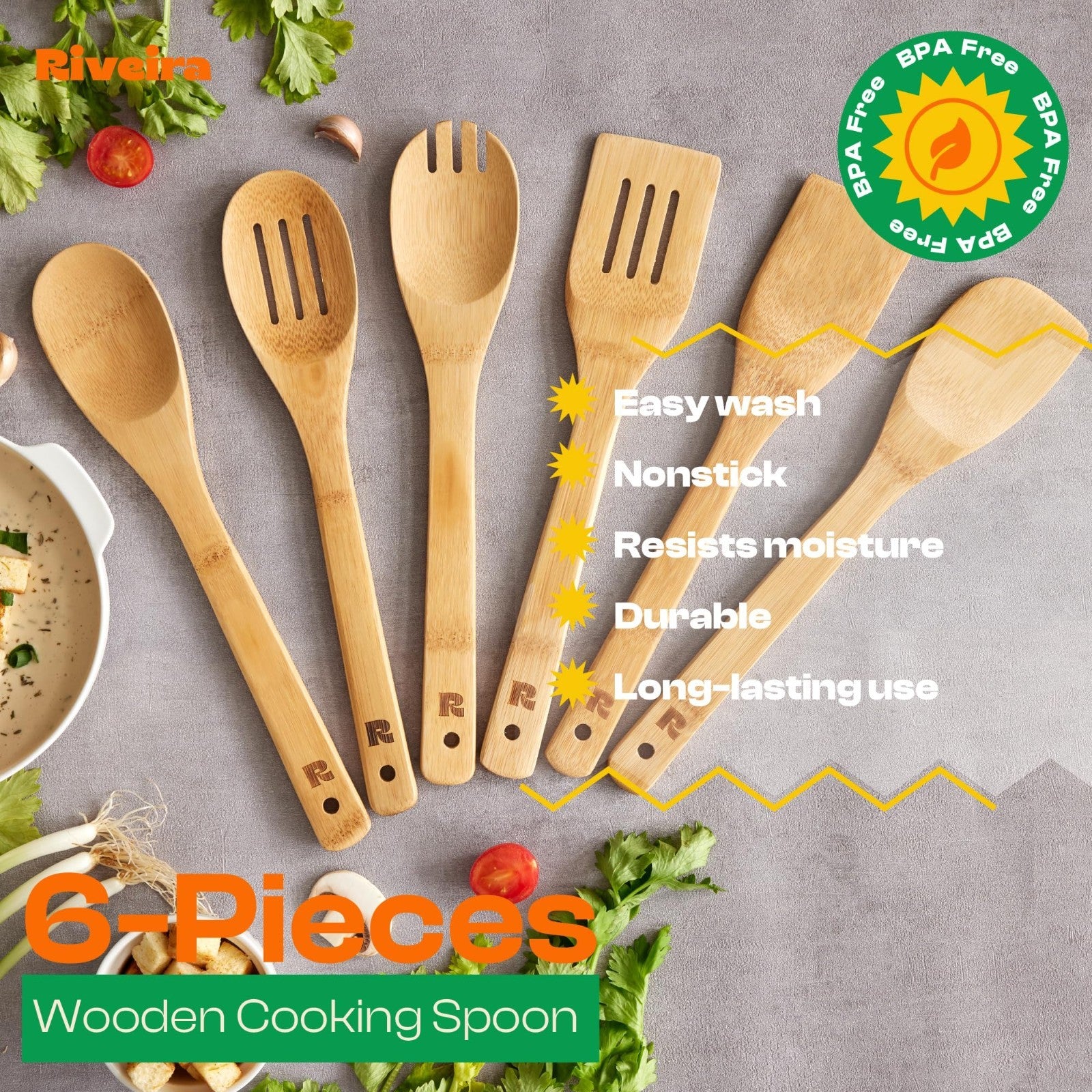 6 Piece Bamboo Cooking Utensils Set   Wooden Spoons & Spatulas for Kitchen Essen4