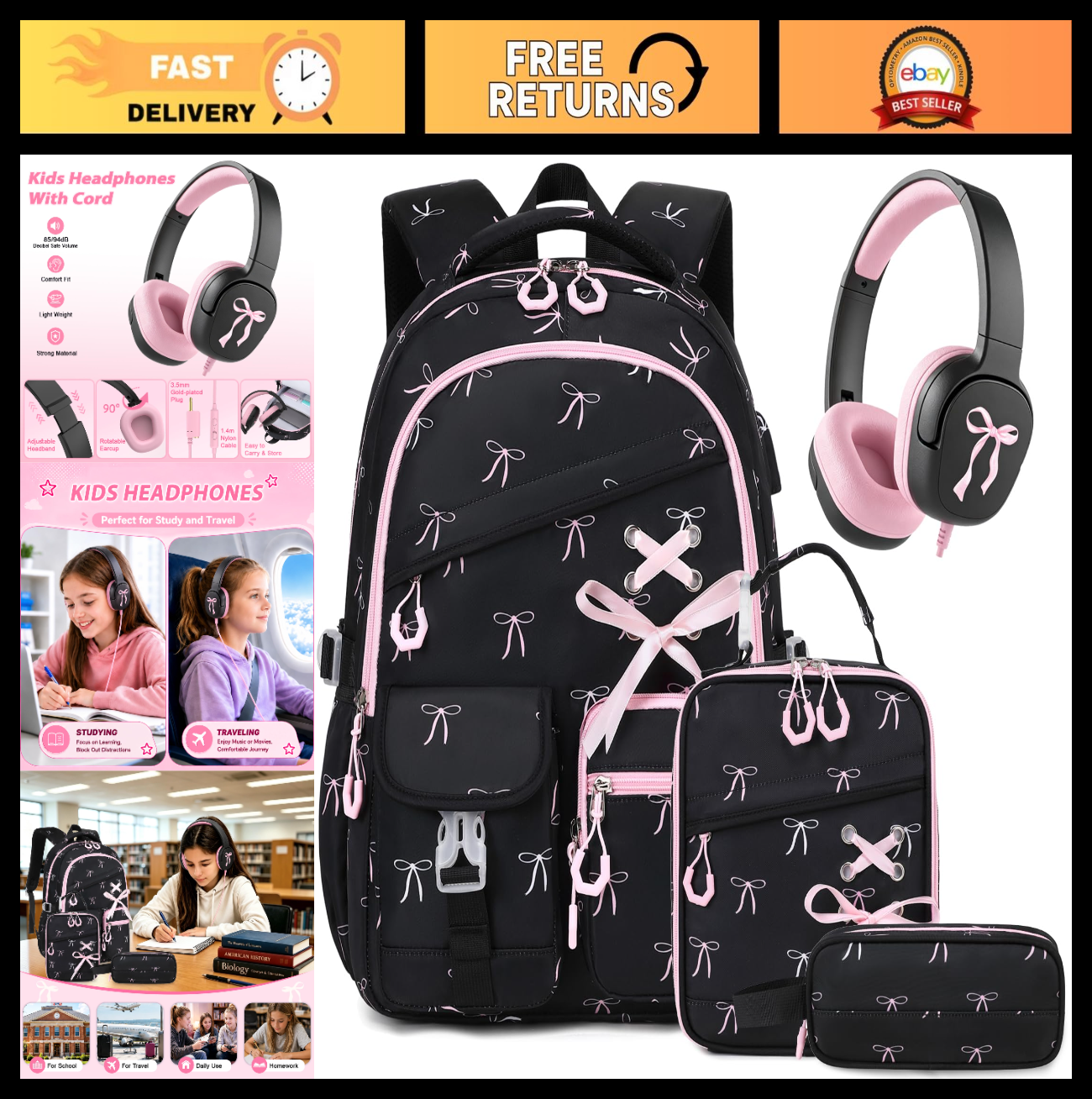 Stylish Girls Backpack with Wired Headphones, School Bag for Teens & Kids0