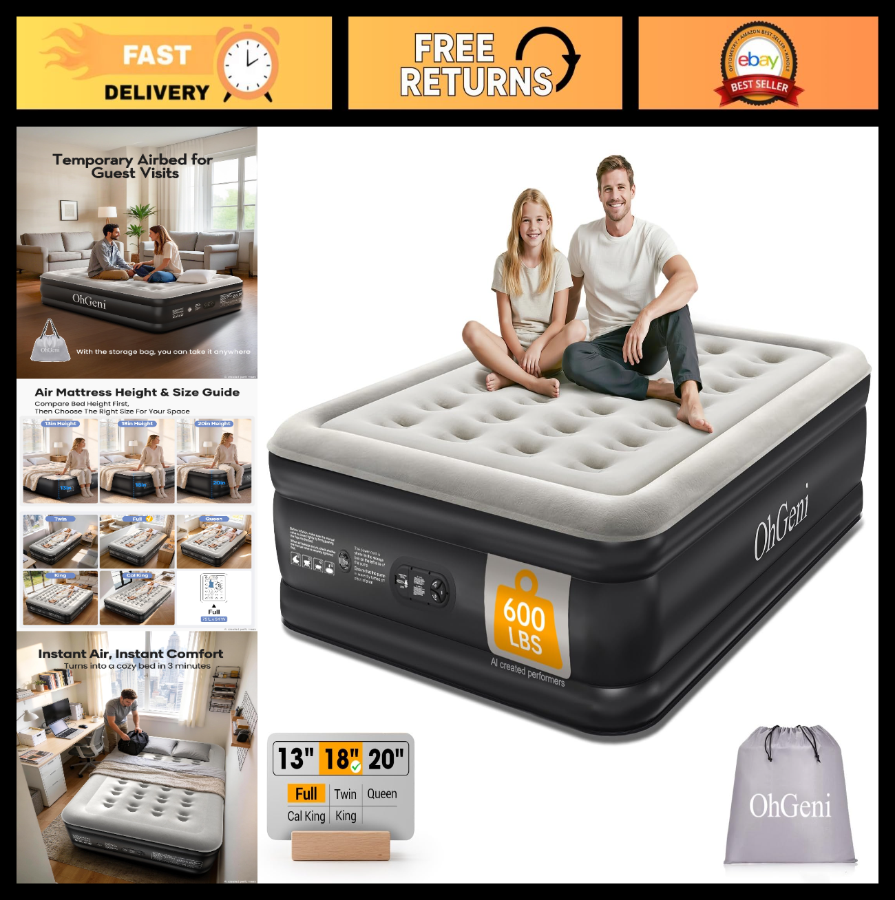 Full Air Mattress with Built in Pump, 18" Raised Inflatable Bed, Waterproof, 6000