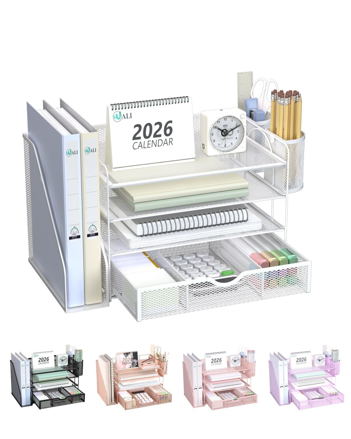 4 Tier Desktop File Organizer with Drawer & 2 Pen Holders   Office Desk Accessor1