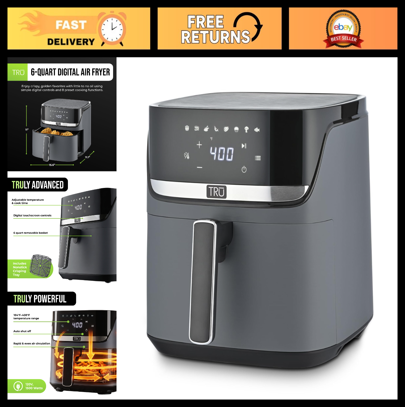 6 Quart Digital Air Fryer   Family Size, One Touch Control, 8 Presets, Nonstick0