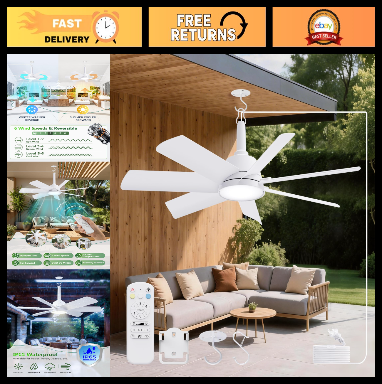 28" Outdoor Ceiling Fan with Light & Remote   Waterproof, Dimmable, 6 Speed, Por0