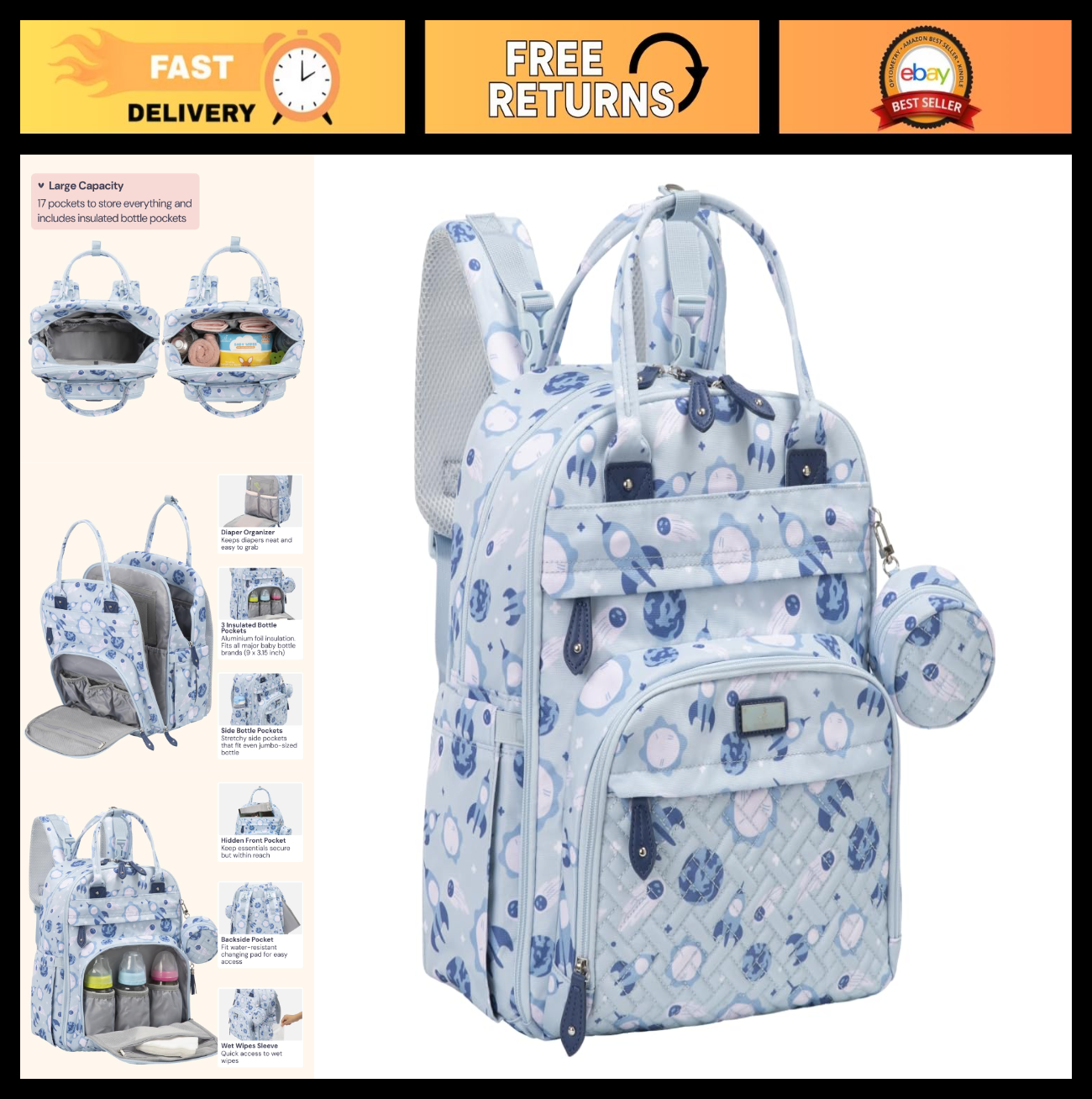 Multi Function Water Resistant Diaper Bag Backpack   Baby Travel Tote, Changing0