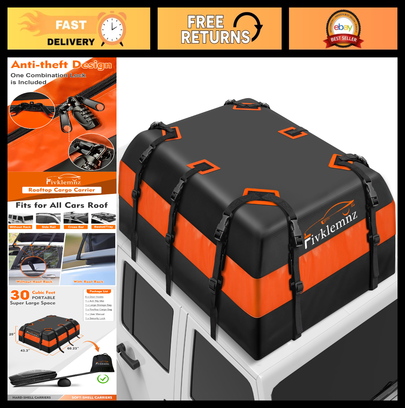 30 Cubic Waterproof Rooftop Cargo Carrier Bag | Soft Roof Storage with Anti-Slip0