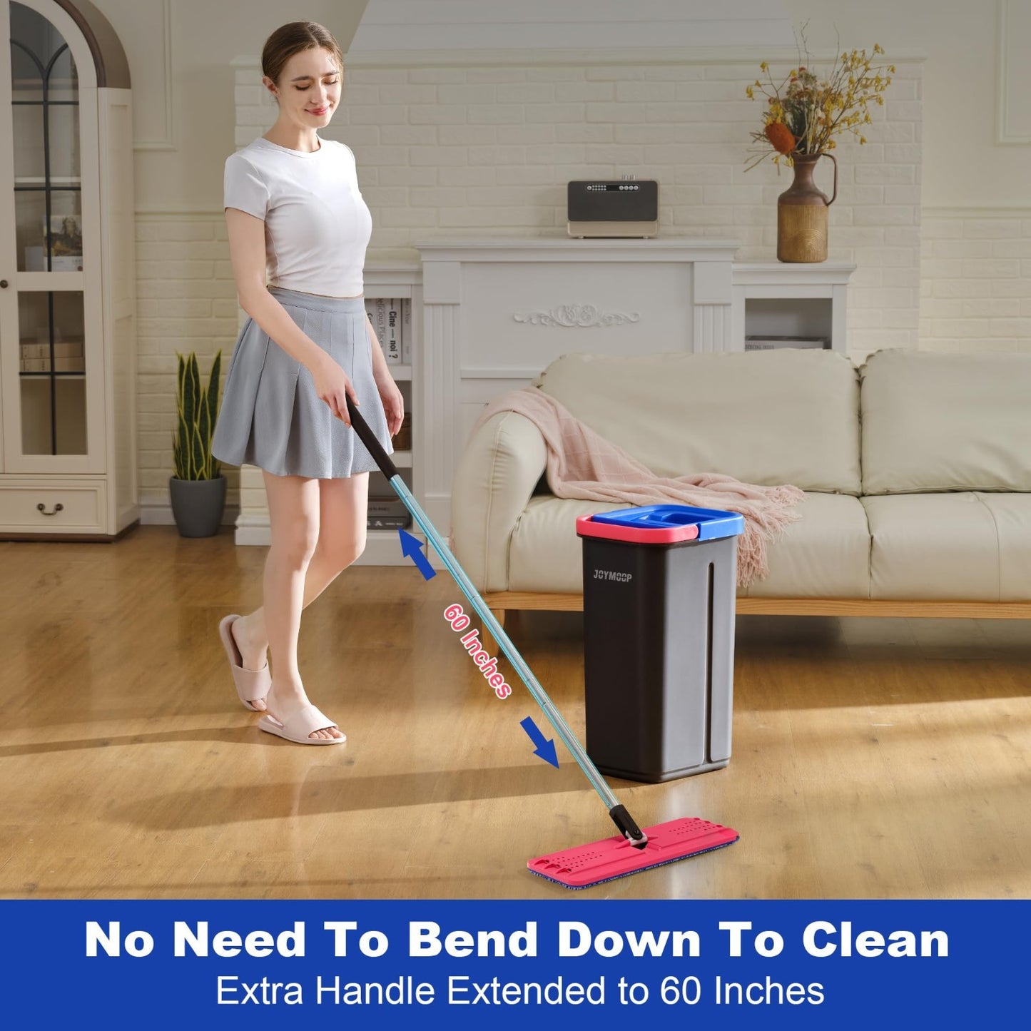 Flat Mop System with Microfiber Pads & Bucket, 60" Long Handle, Floor & Wall Cle4