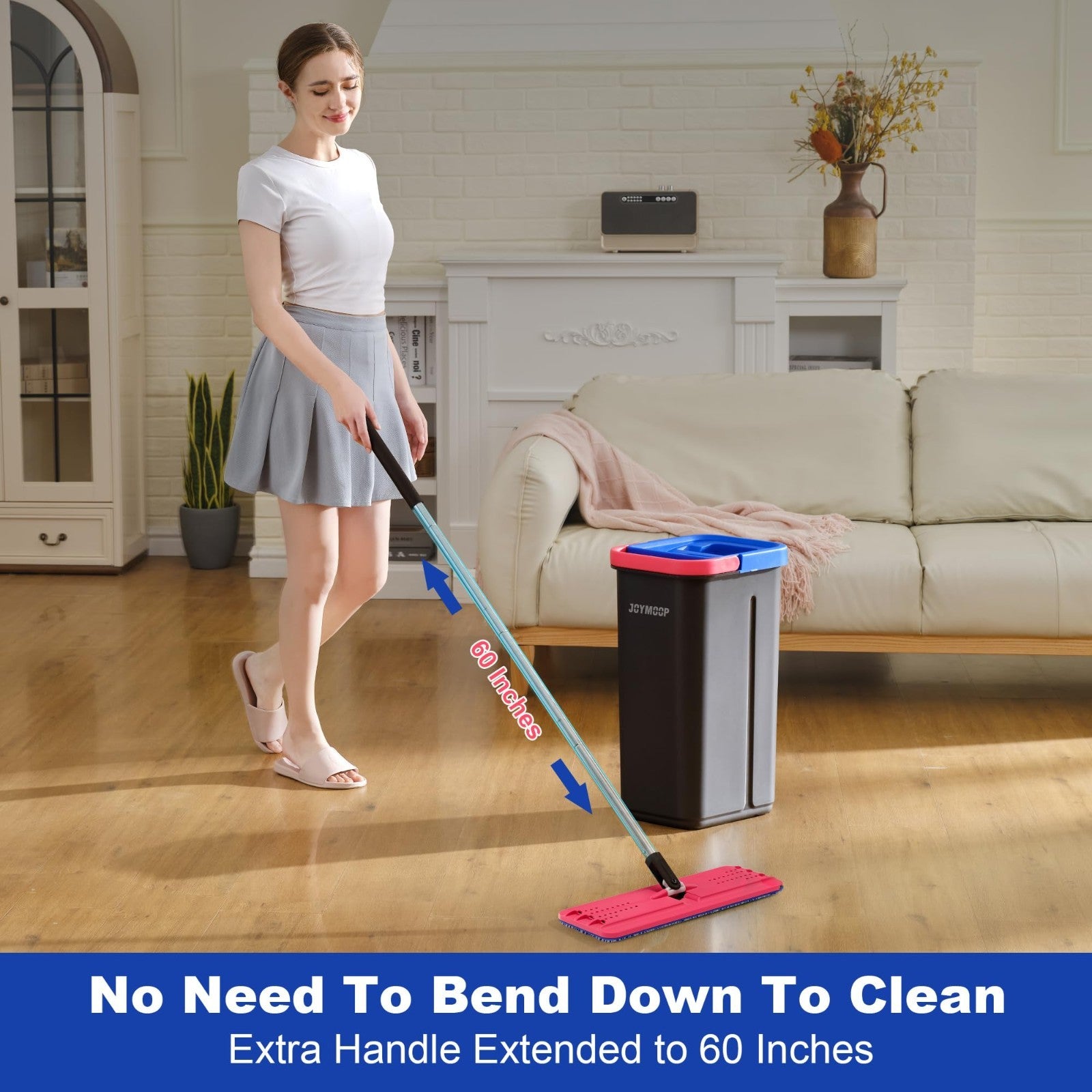 Flat Mop System with Microfiber Pads & Bucket, 60" Long Handle, Floor & Wall Cle4
