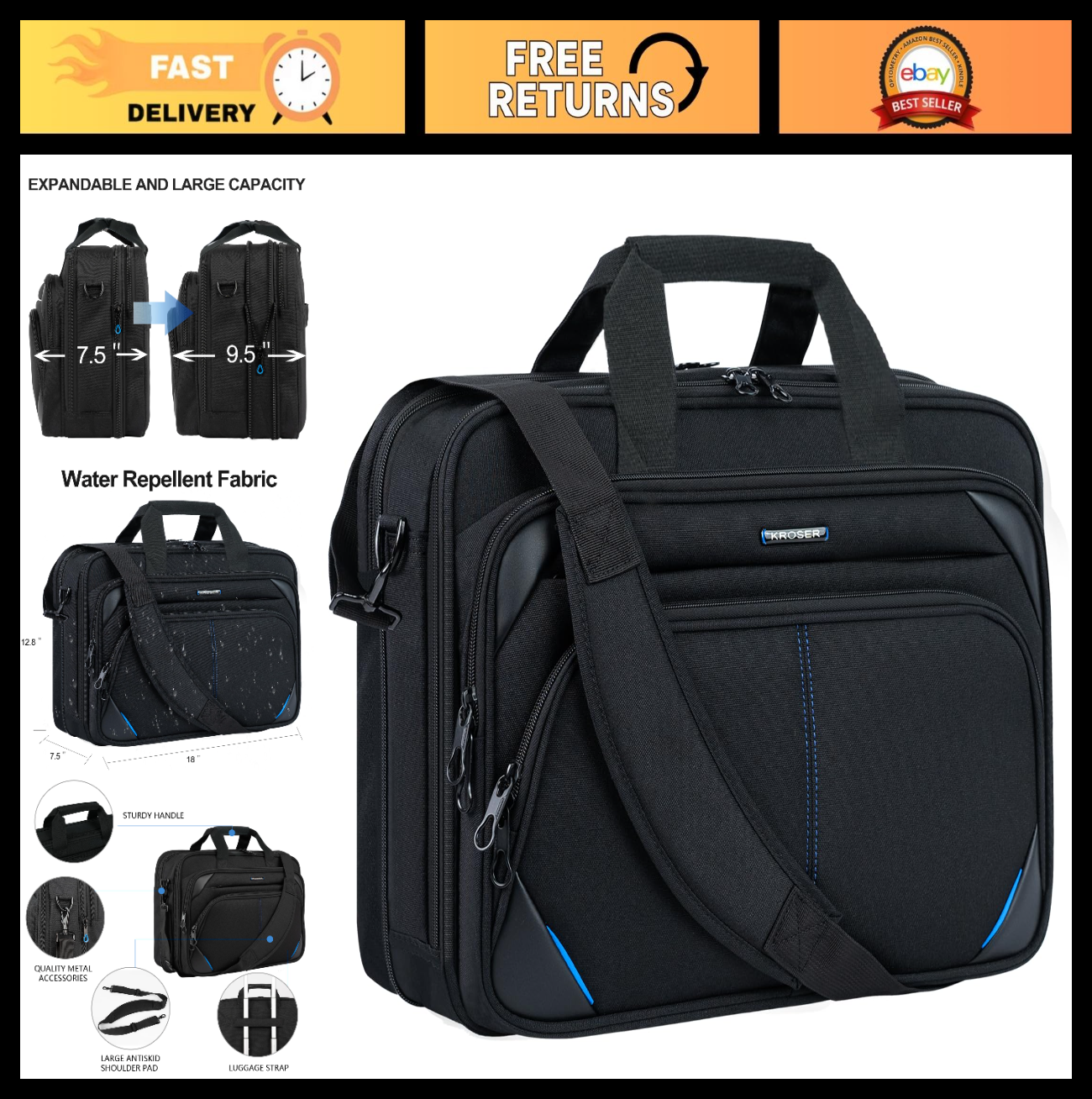 Expandable 17.3" Laptop Bag - Water Repellent Briefcase, Durable Messenger Case0