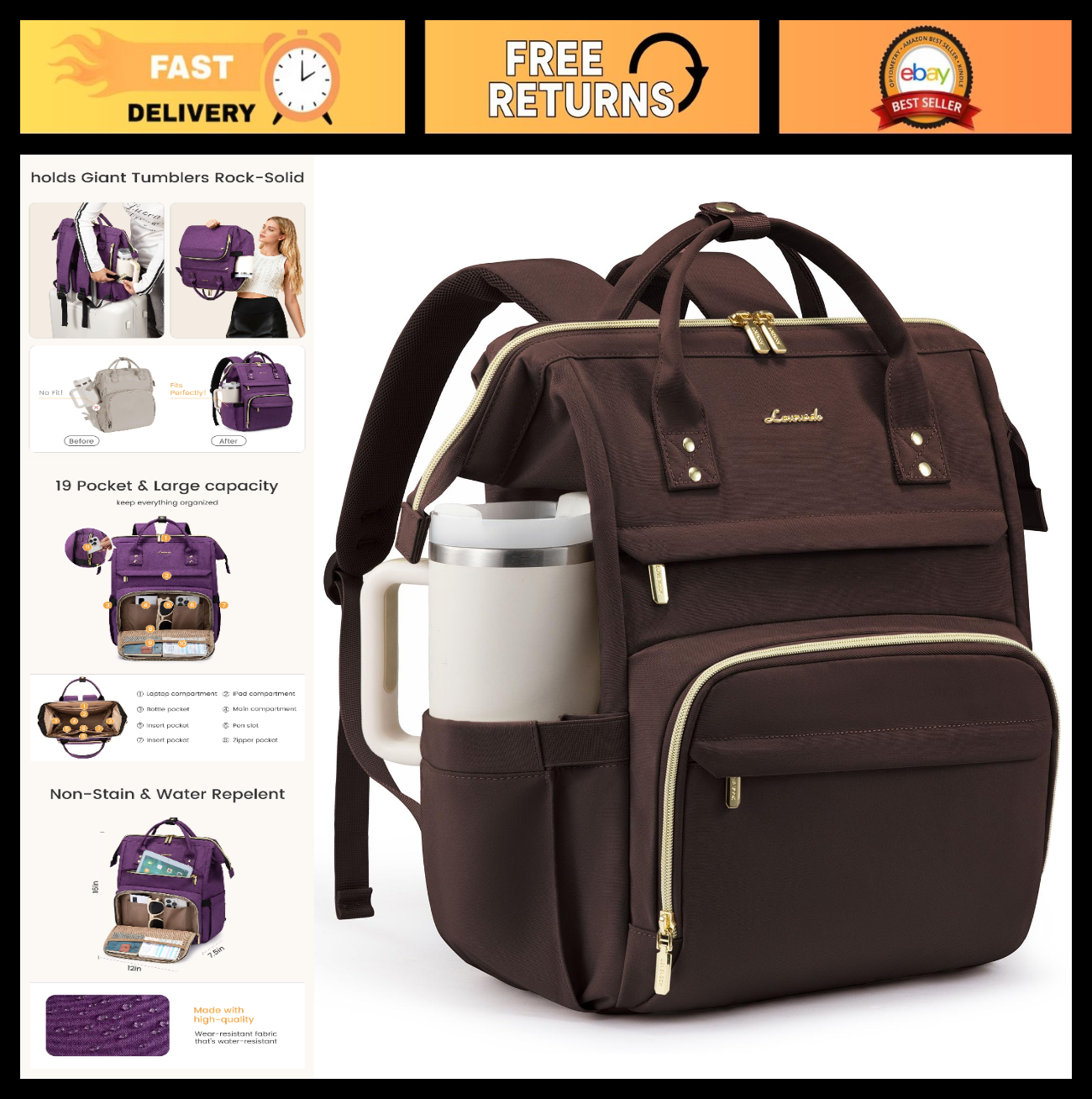 Stylish Waterproof Laptop Backpack for Women, 15.6" Travel Bag with Tumbler Hold0