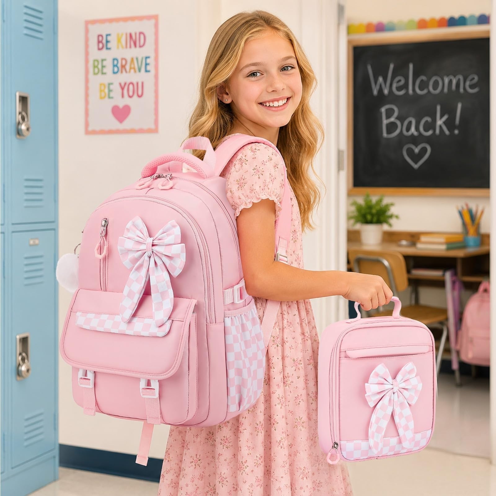 Girls Bow Backpack Set   3PCS with Lunch Bag & Pencil Case, Stylish School Bag2