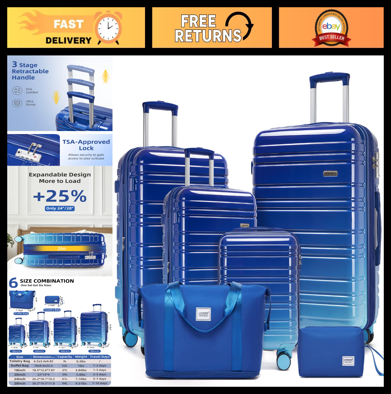 6-Piece Expandable Luggage Set, Lightweight Hardshell Suitcases, TSA Lock, 360°0
