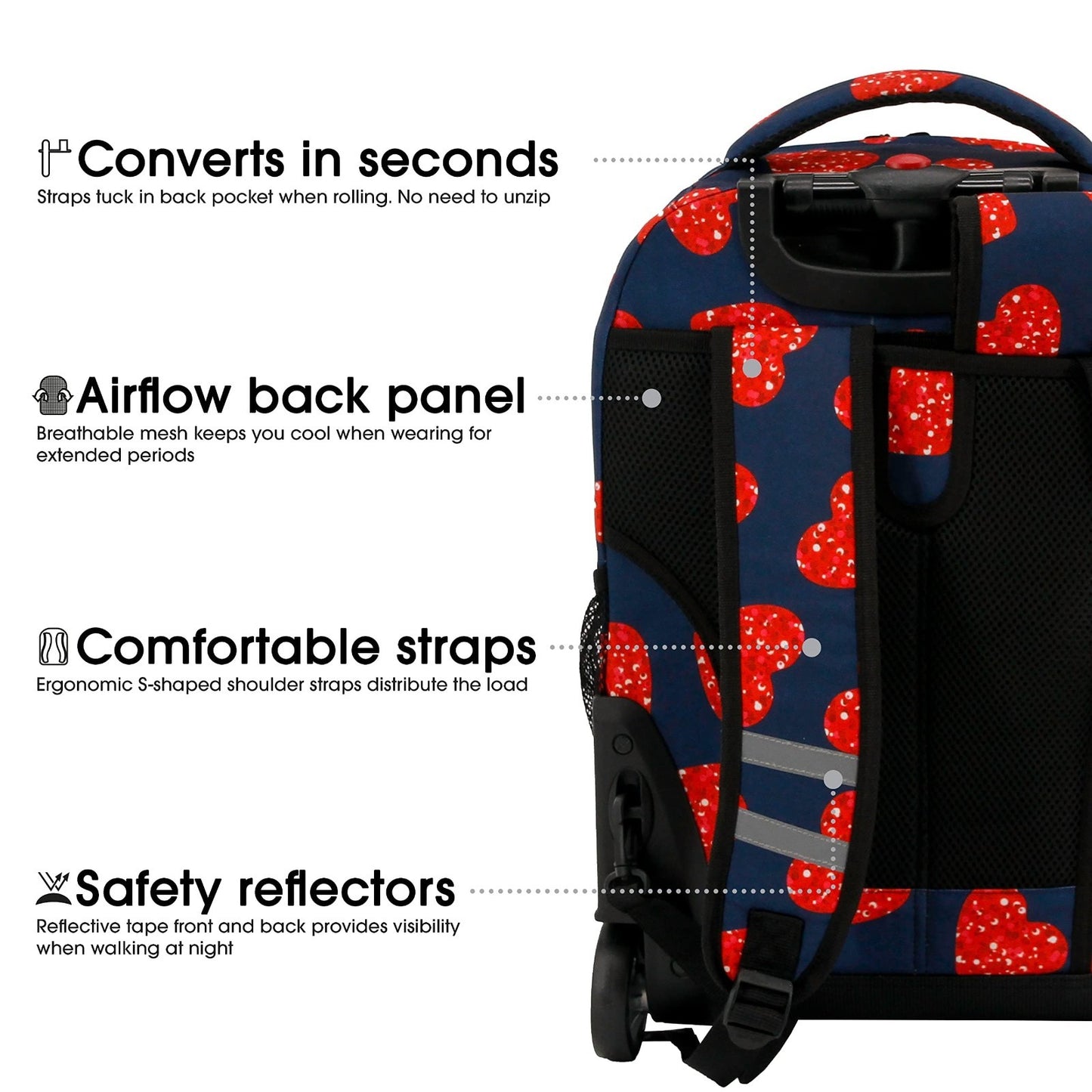 Kids Rolling Backpack with Wheels, 18" Bookbag for School, Girls & Boys, Love Sp5