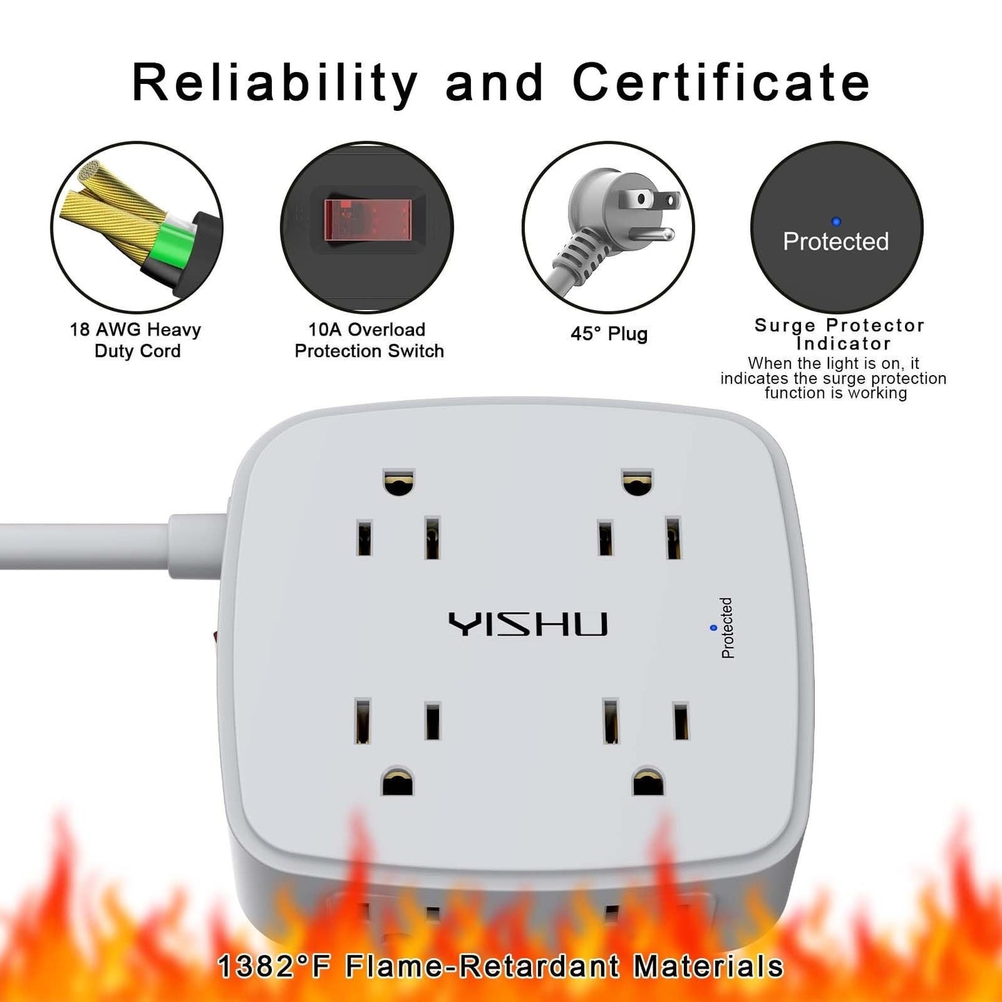 10Ft Surge Protector Power Strip   8 Outlets, 4 USB Ports, Flat Plug, Wall Mount5