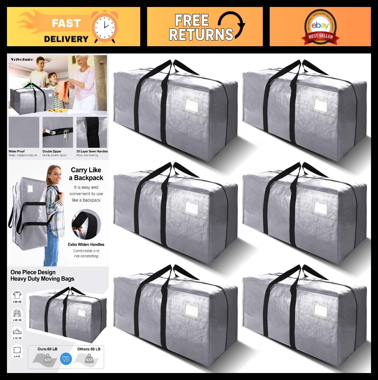 Extra Large Heavy Duty Moving Bags with Backpack Straps - Set of 6, Space-Saving0