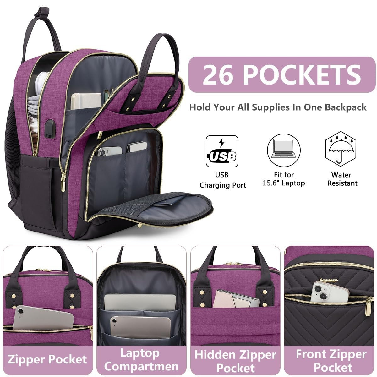 Stylish 15.6" Laptop Backpack for Women   Waterproof Travel Bag with USB Charger1