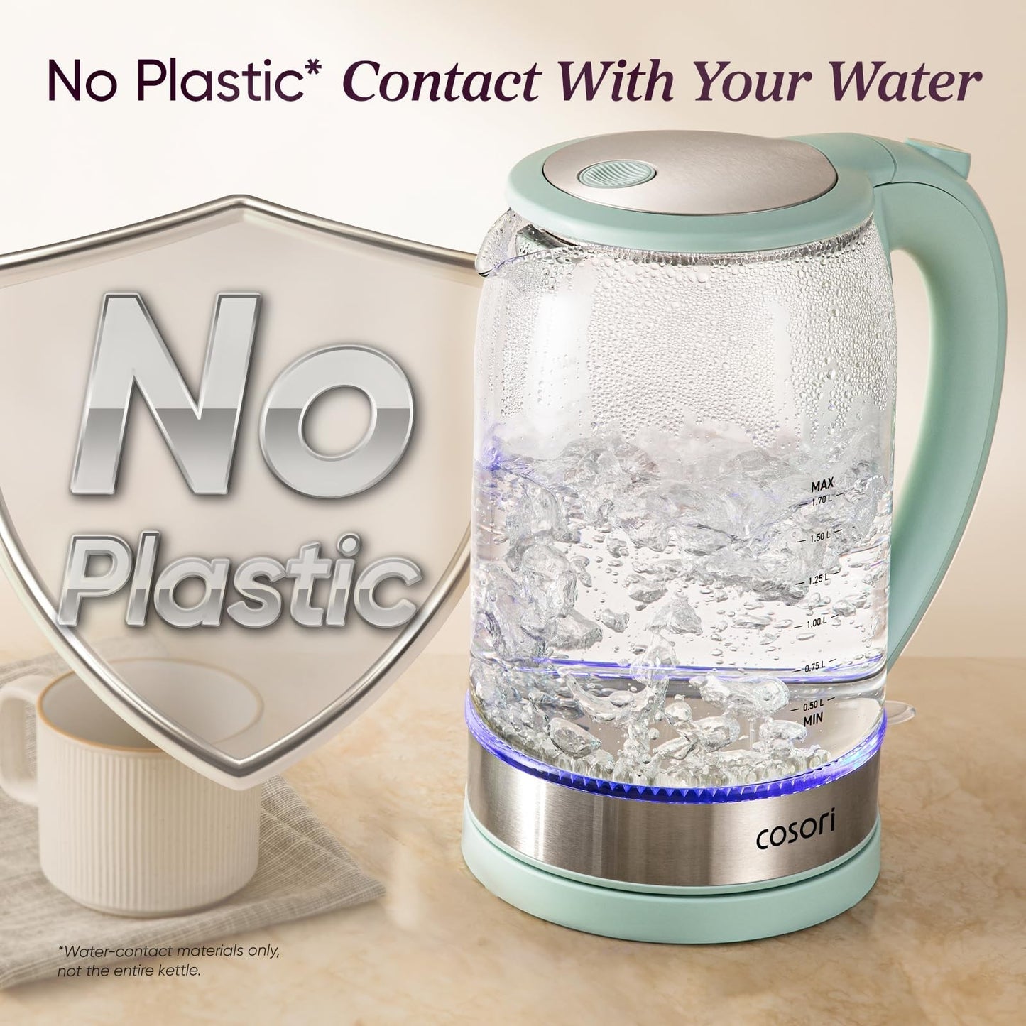 Electric Kettle 1.7L, No Plastic Contact, Fast Boil, Green, Set of 42