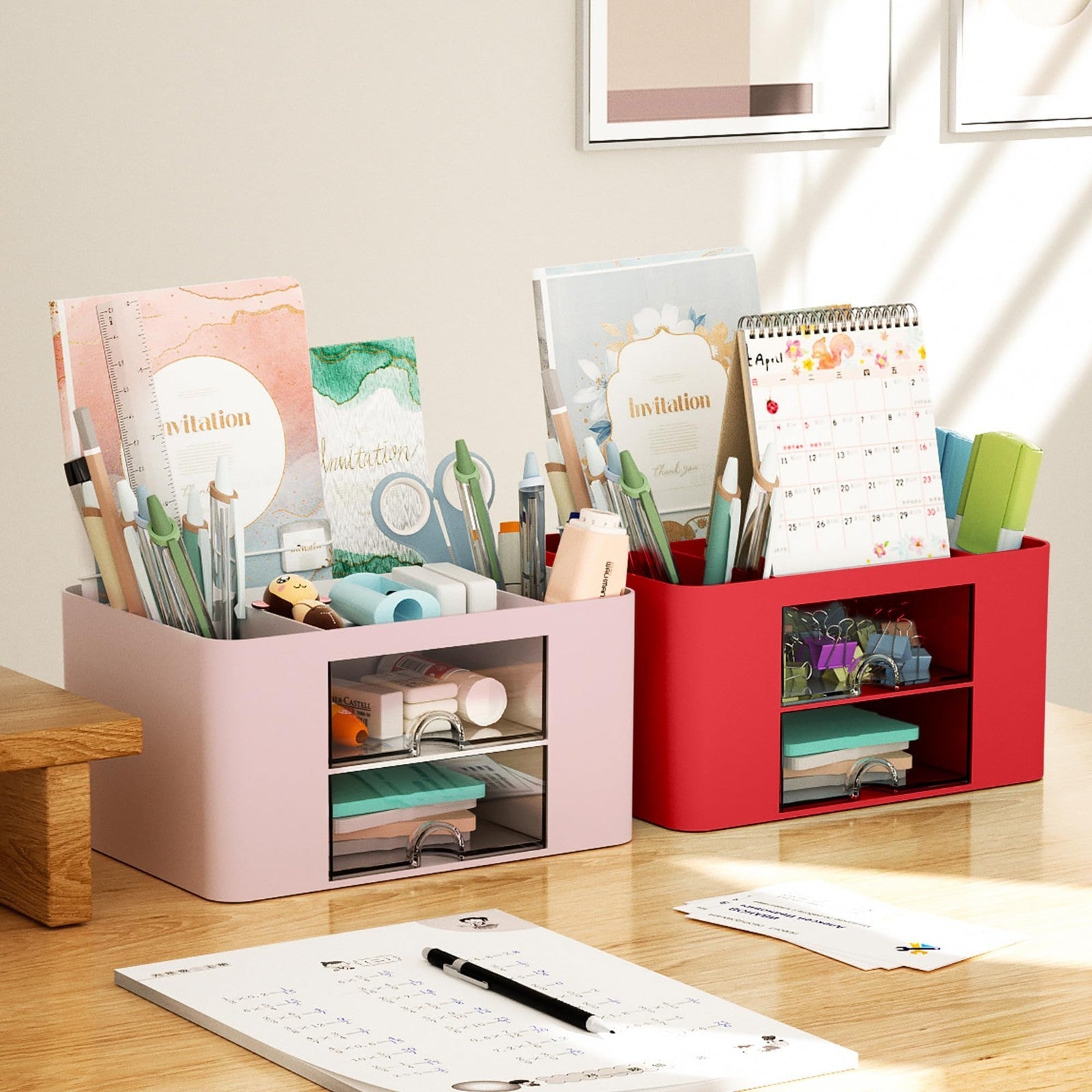 Multi Functional Desk Organizer with 2 Drawers, 5 Compartments for Office Suppli3