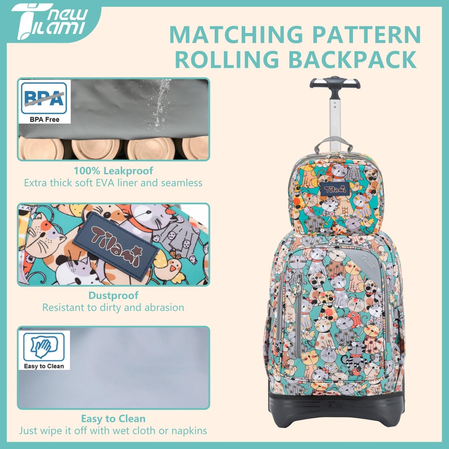 18 Inch Rolling Backpack with Lunch Bag for Kids   School Travel Bag, Durable &5