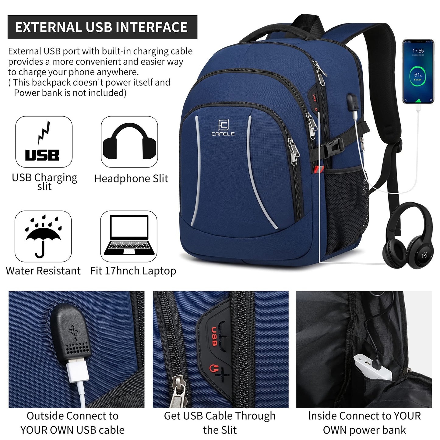Spacious College Backpack for Men & Teens   17.3" Laptop Compartment, USB Port,3