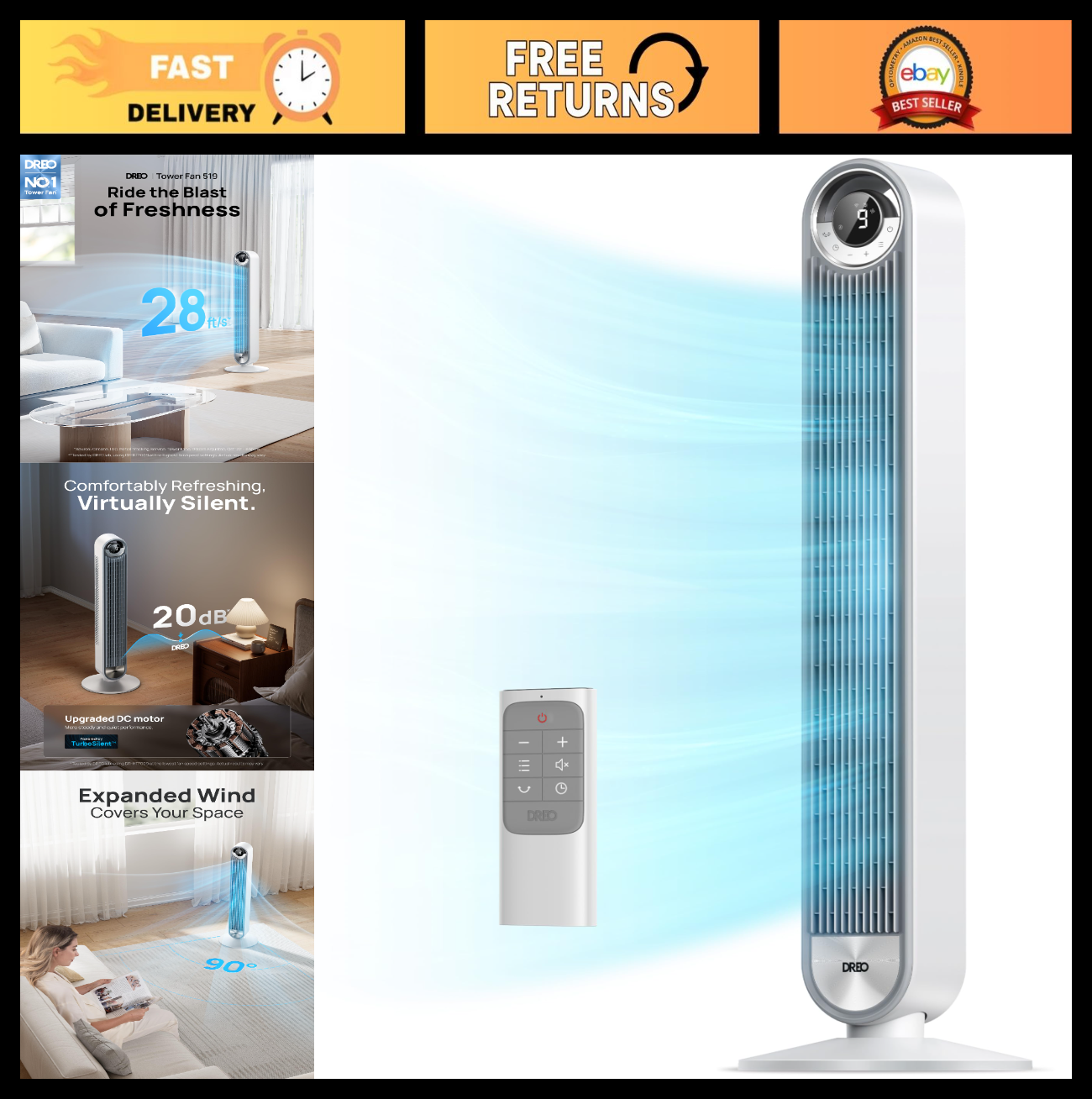 Bladeless Tower Fan with 9 Speeds, 90° Oscillation, 20dB Quiet, 12H Timer   Idea0