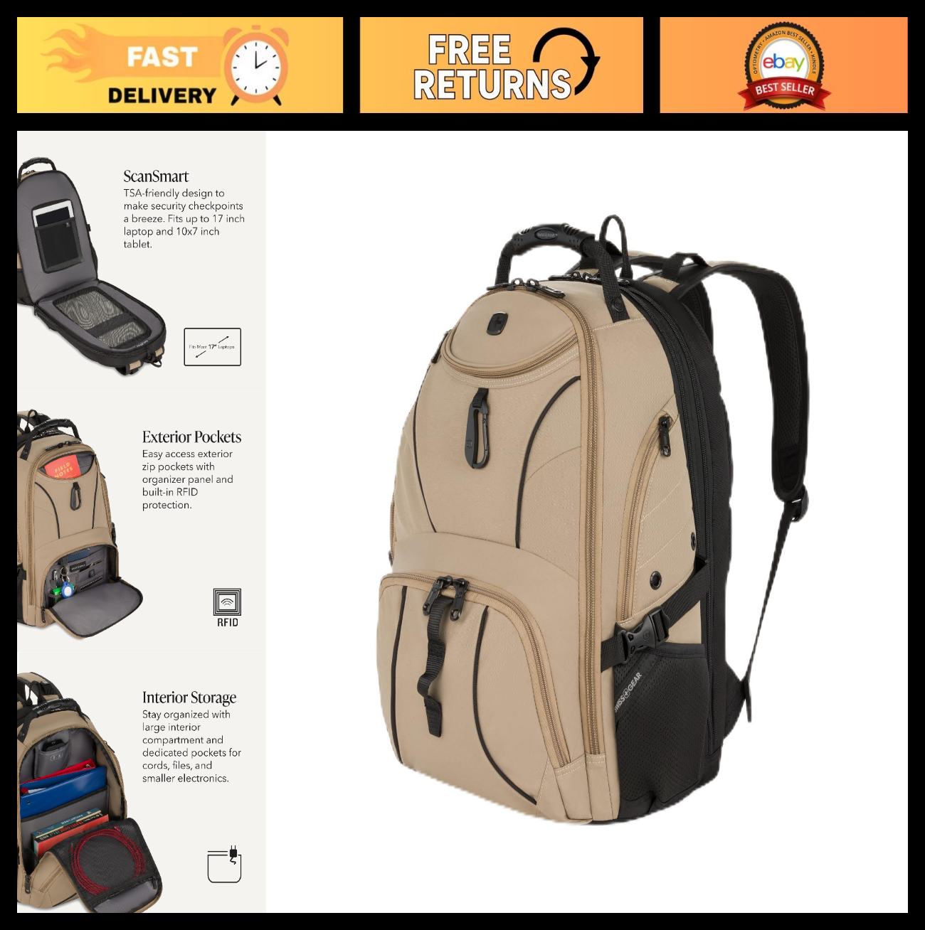 Large TSA Friendly Laptop Backpack for 17" Laptops, RFID Protection, Tablet Pock0