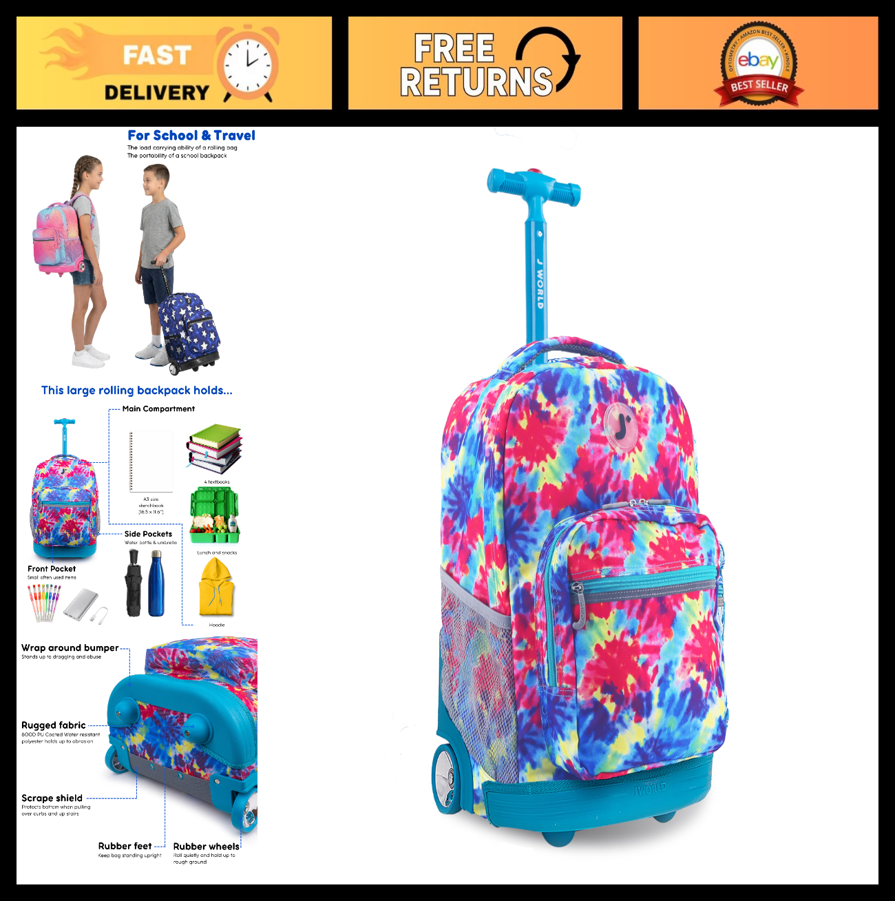 Kids Rolling Backpack with Wheels, Tie Dye School Bookbag for Girls & Boys, 18"x0