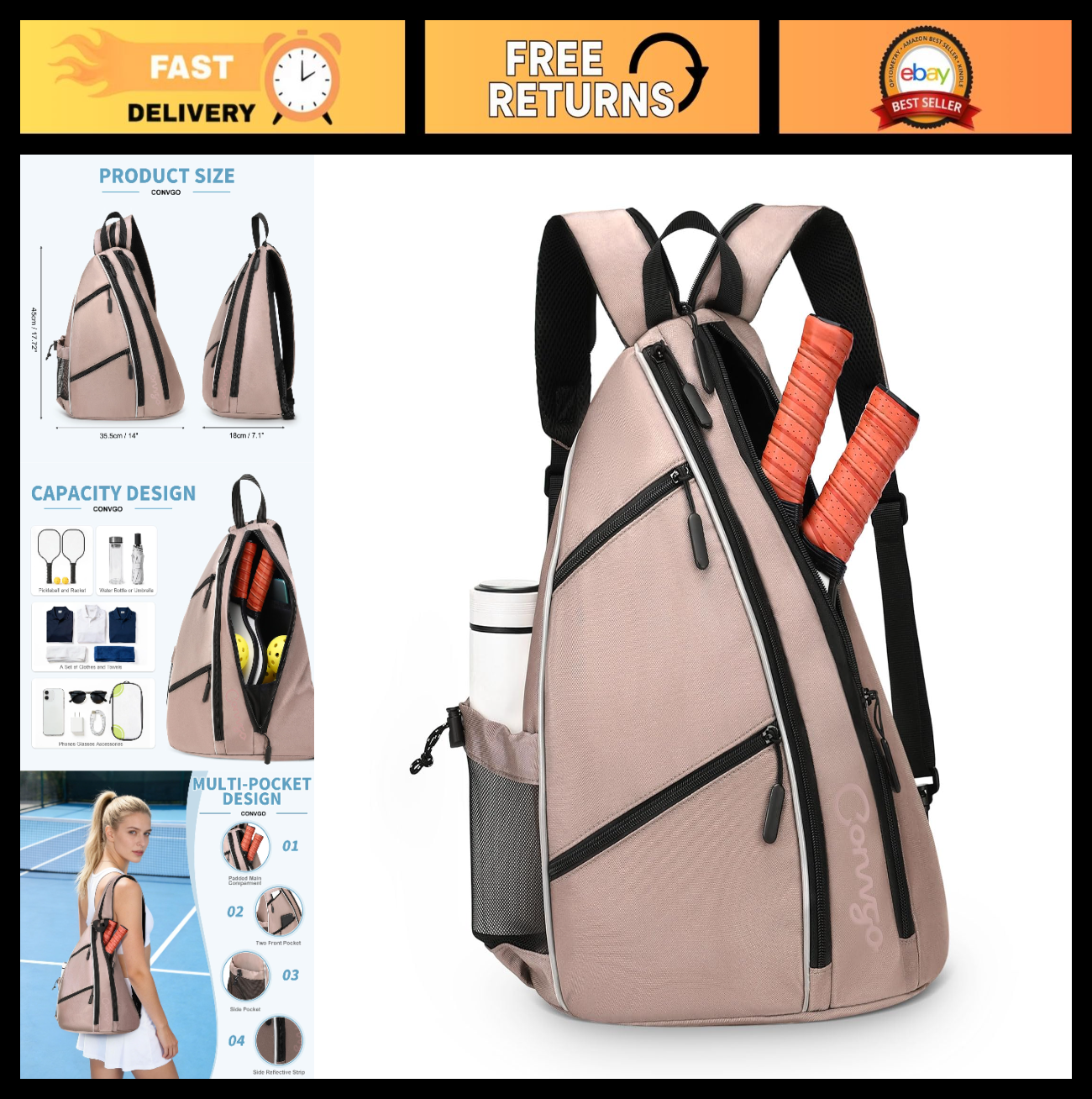 Adjustable Pickleball Backpack & Sling Bag - 2-in-1 Sports Bag for Tennis & Pick0