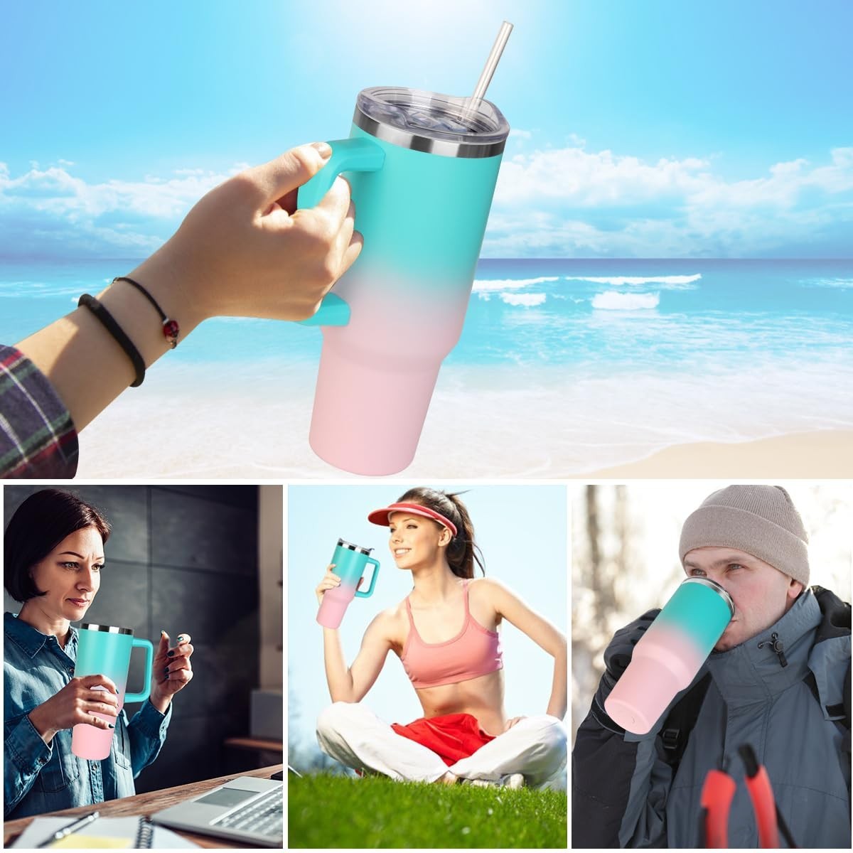 40 oz Insulated Tumbler with Handle & Straw   Leak Proof Travel Mug, Hot & Cold5