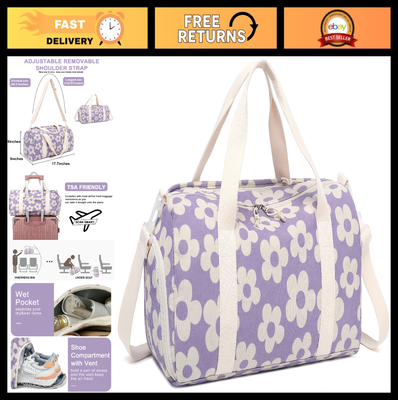 Cute Girls Duffle Bag - Waterproof Gym Bag with Shoe Compartment & Wet Pocket0