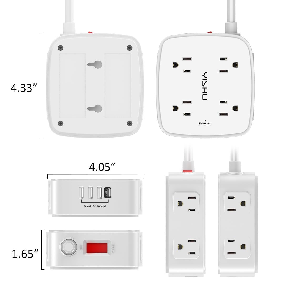 20ft Surge Protector Power Strip, 8 Outlets & 4 USB Ports, Flat Plug, Wall Mount6